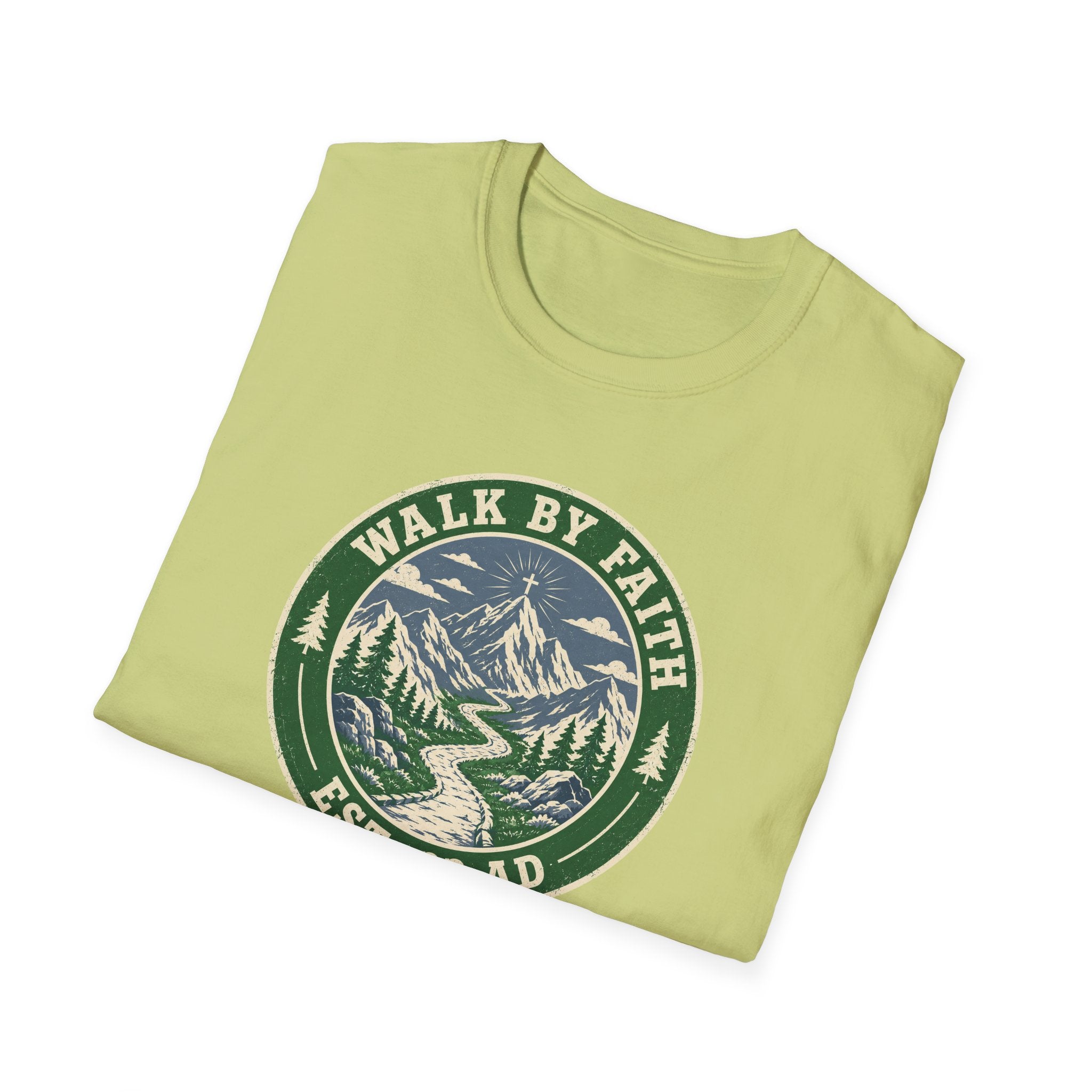 Walk By Faith Mountain T-Shirt — "Walk By Faith Est. 33 AD" Christian Outdoor Tee
