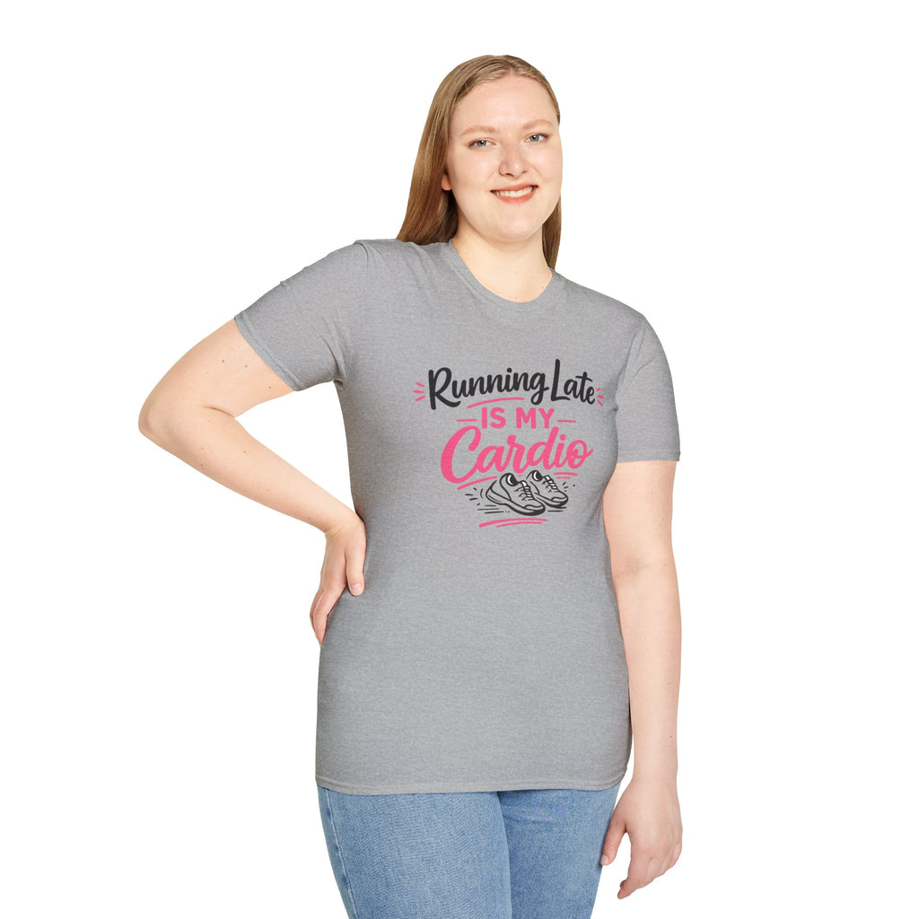 Running Late Is My Cardio T‑Shirt — Funny Fitness Graphic Tee with Sneakers