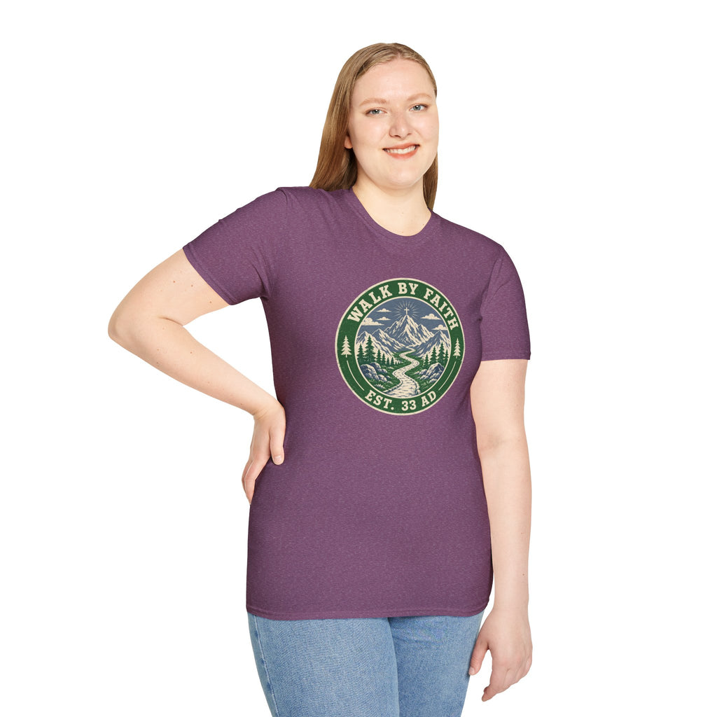 Walk By Faith Mountain T-Shirt — "Walk By Faith Est. 33 AD" Christian Outdoor Tee