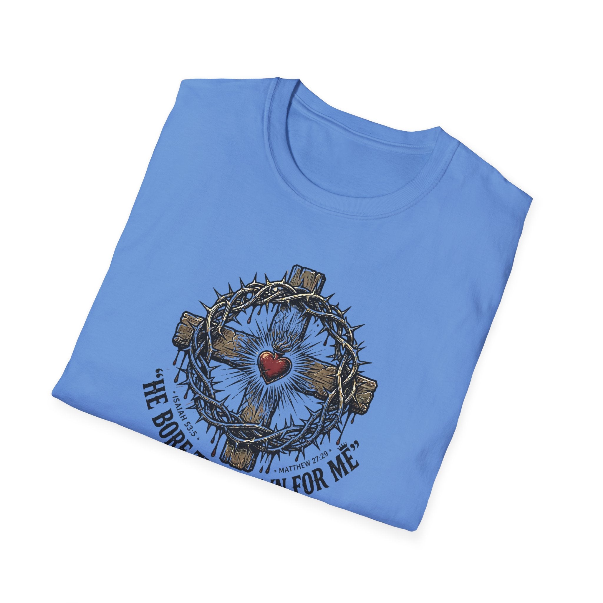 Christian Cross T-Shirt — "He Bore the Crown for Me" Sacred Heart Design
