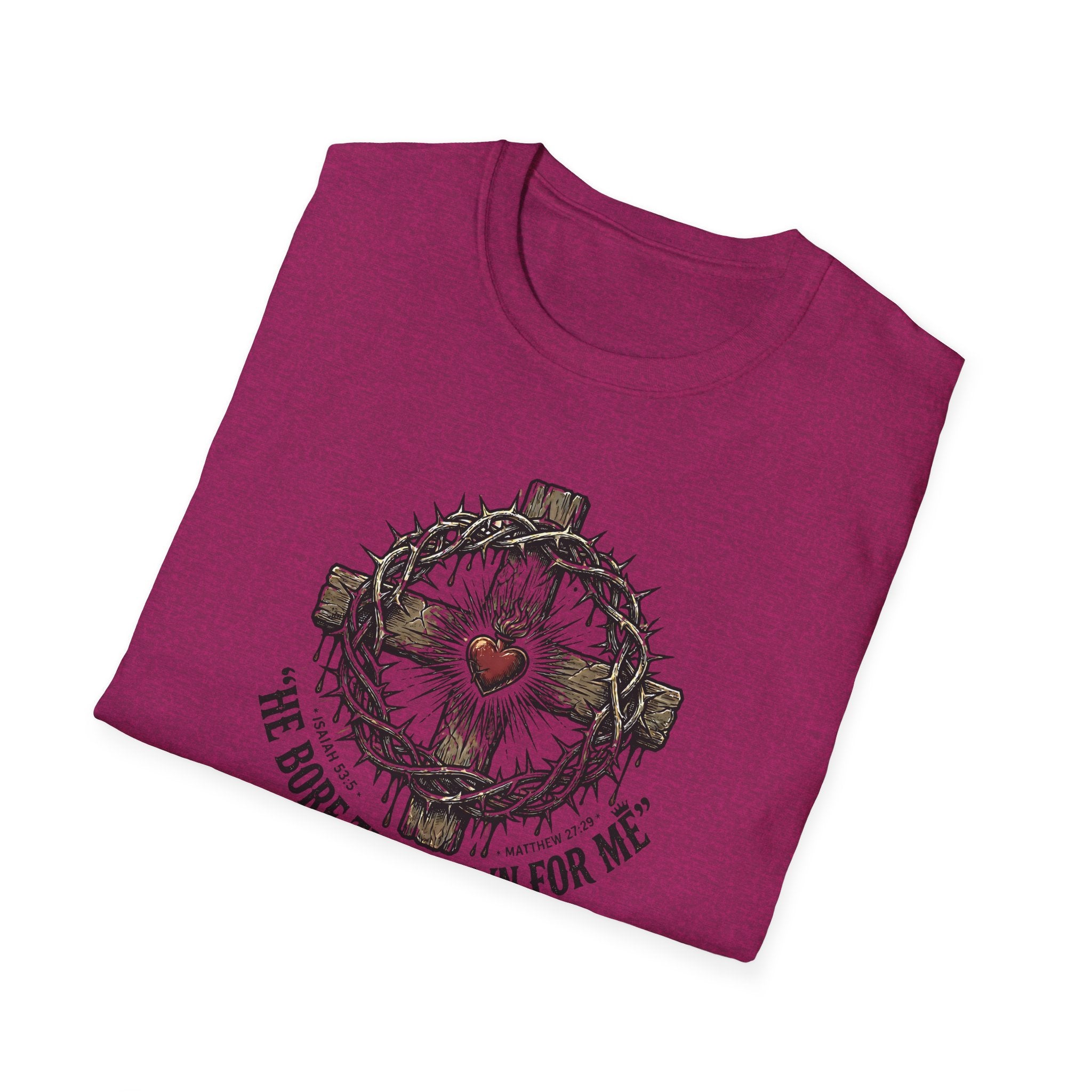 Christian Cross T-Shirt — "He Bore the Crown for Me" Sacred Heart Design