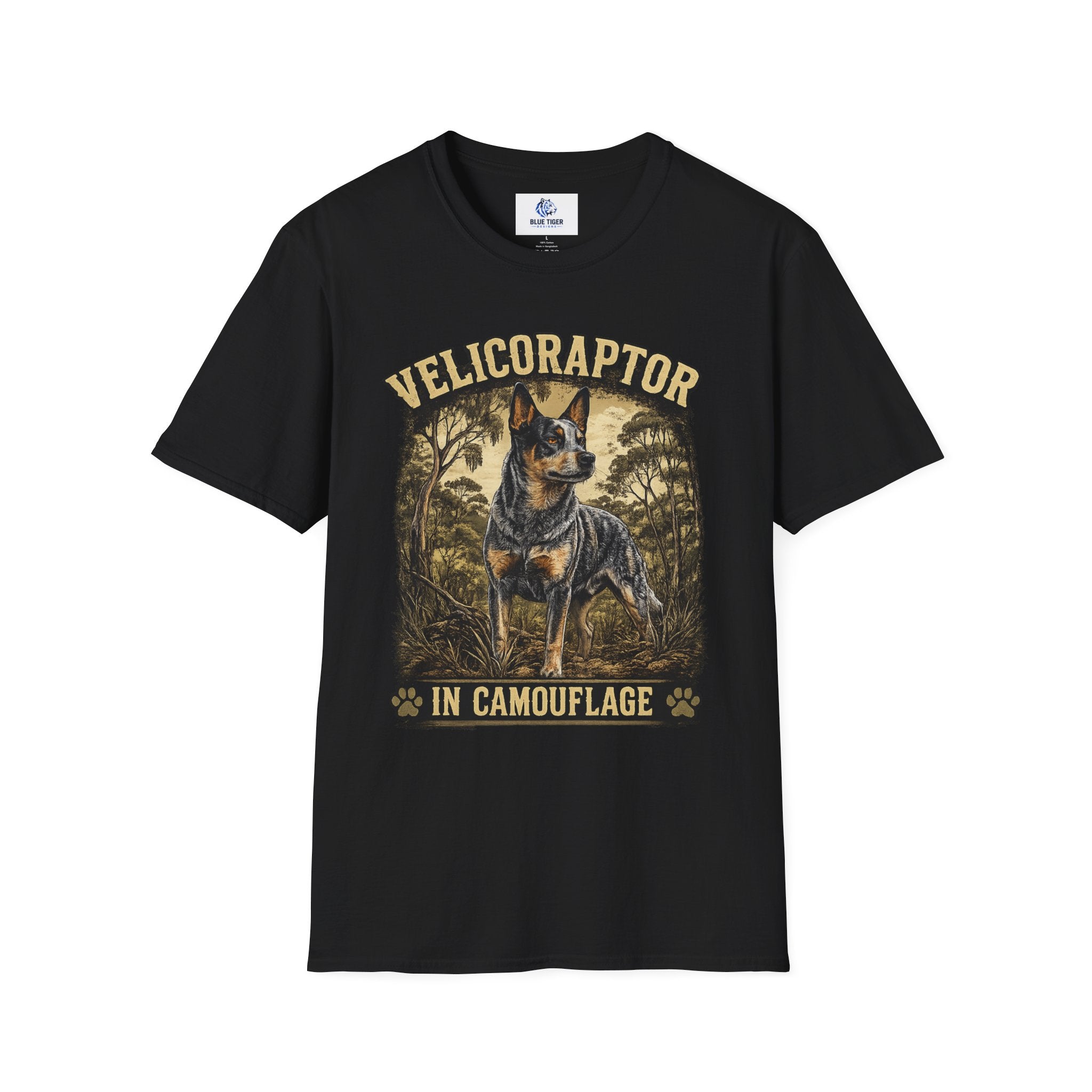 Velicoraptor in Camouflage T-Shirt — Vintage  Blue Heeler Dog Tee