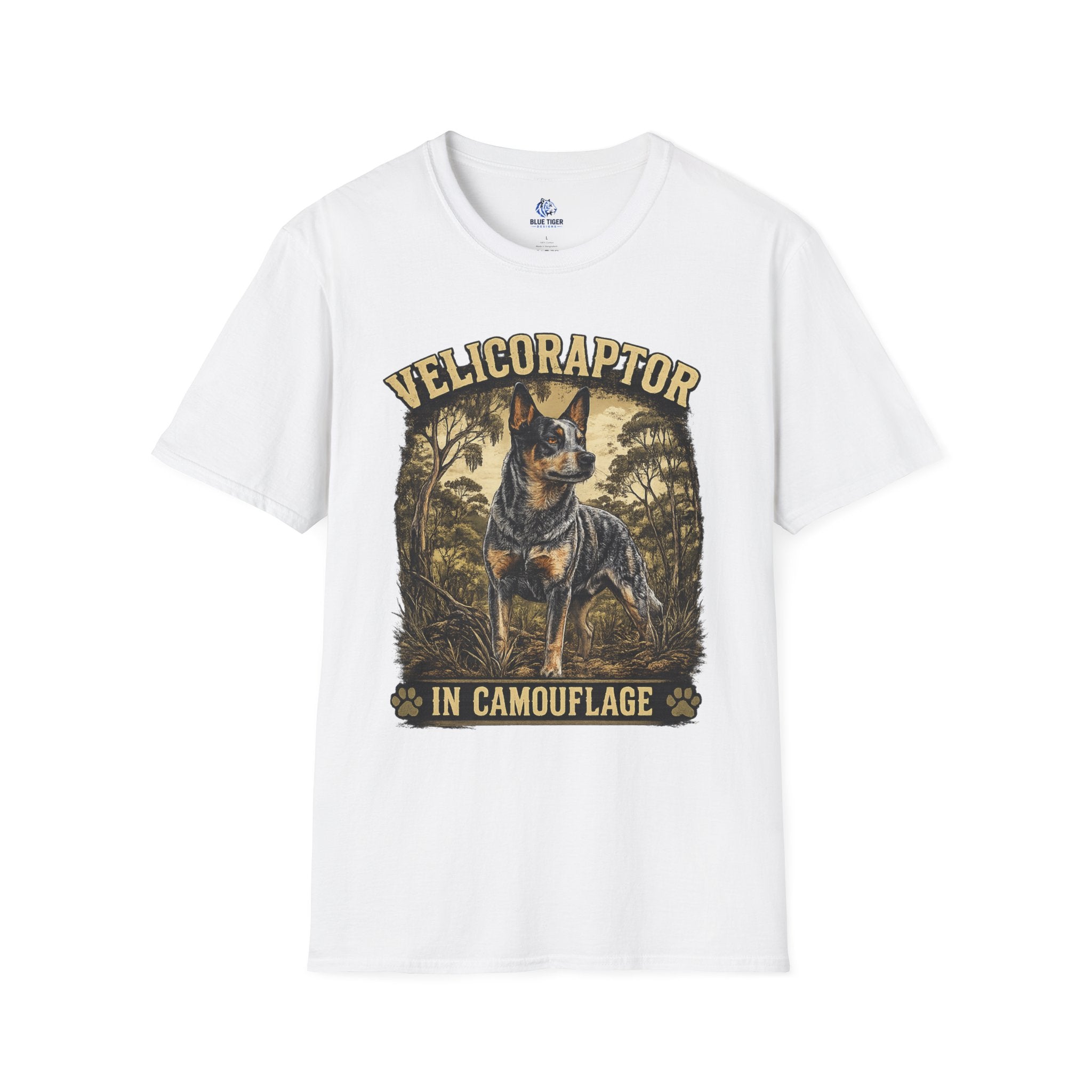 Velicoraptor in Camouflage T-Shirt — Vintage  Blue Heeler Dog Tee