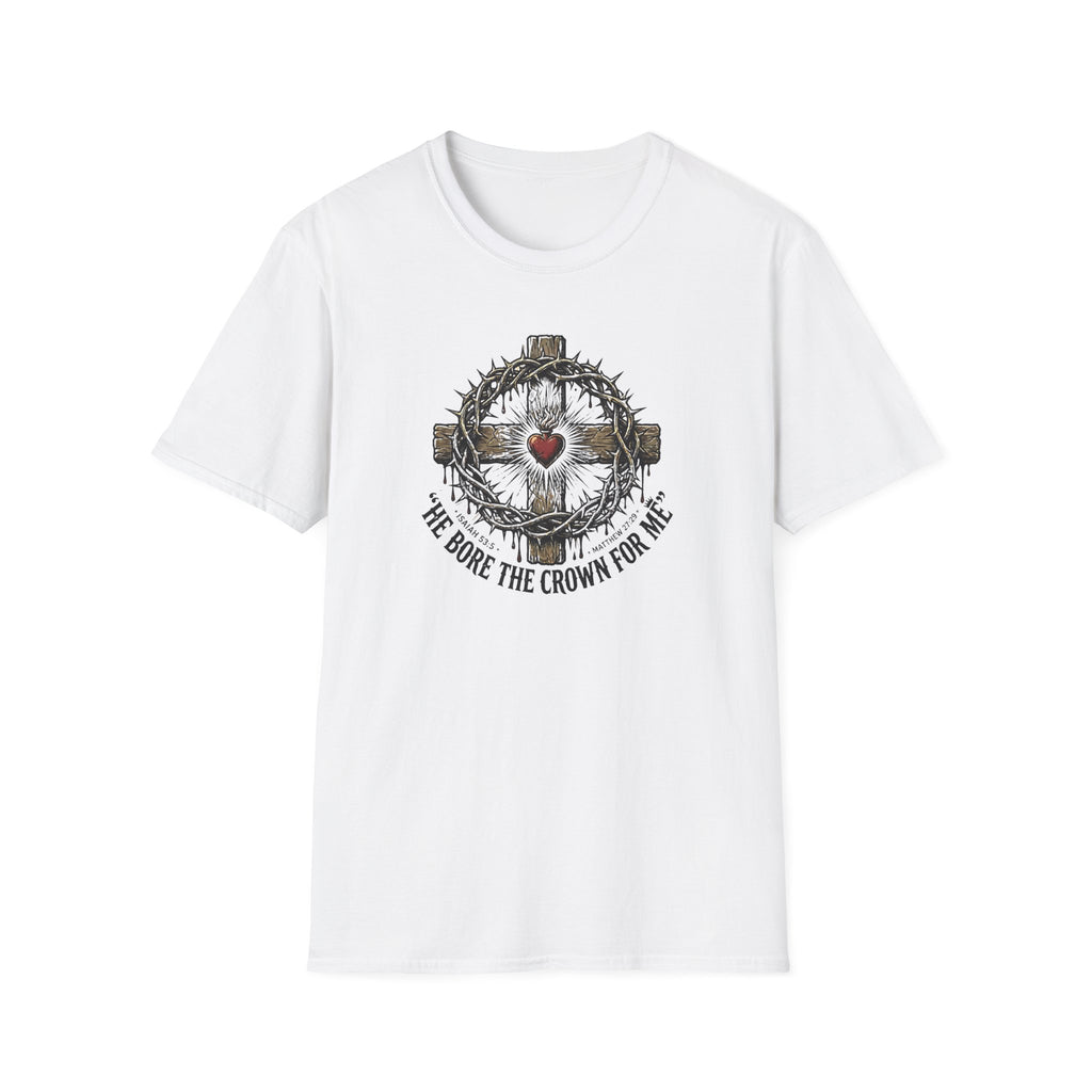 Christian Cross T-Shirt — "He Bore the Crown for Me" Sacred Heart Design