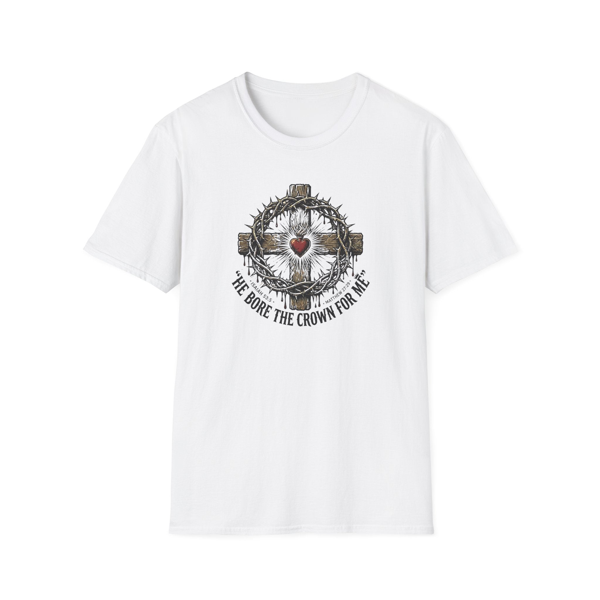 Christian Cross T-Shirt — "He Bore the Crown for Me" Sacred Heart Design