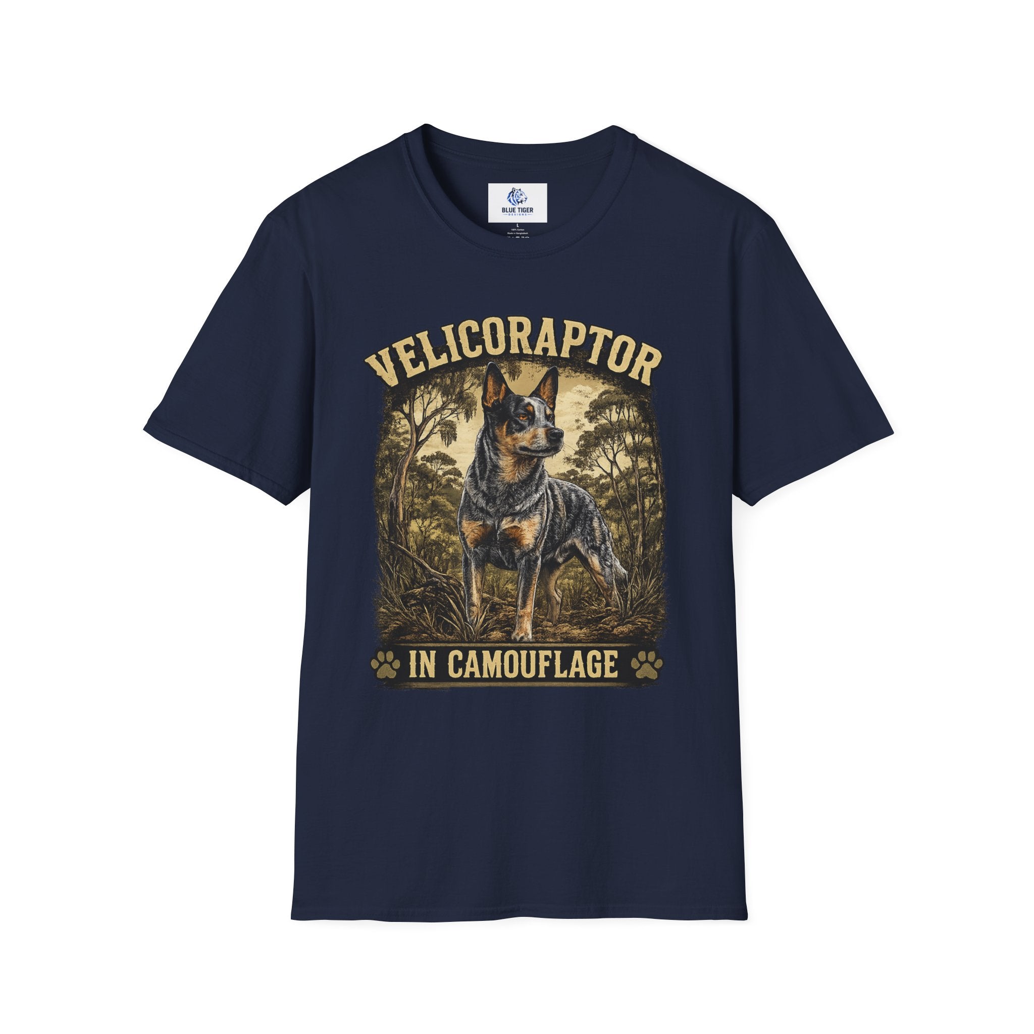 Velicoraptor in Camouflage T-Shirt — Vintage  Blue Heeler Dog Tee