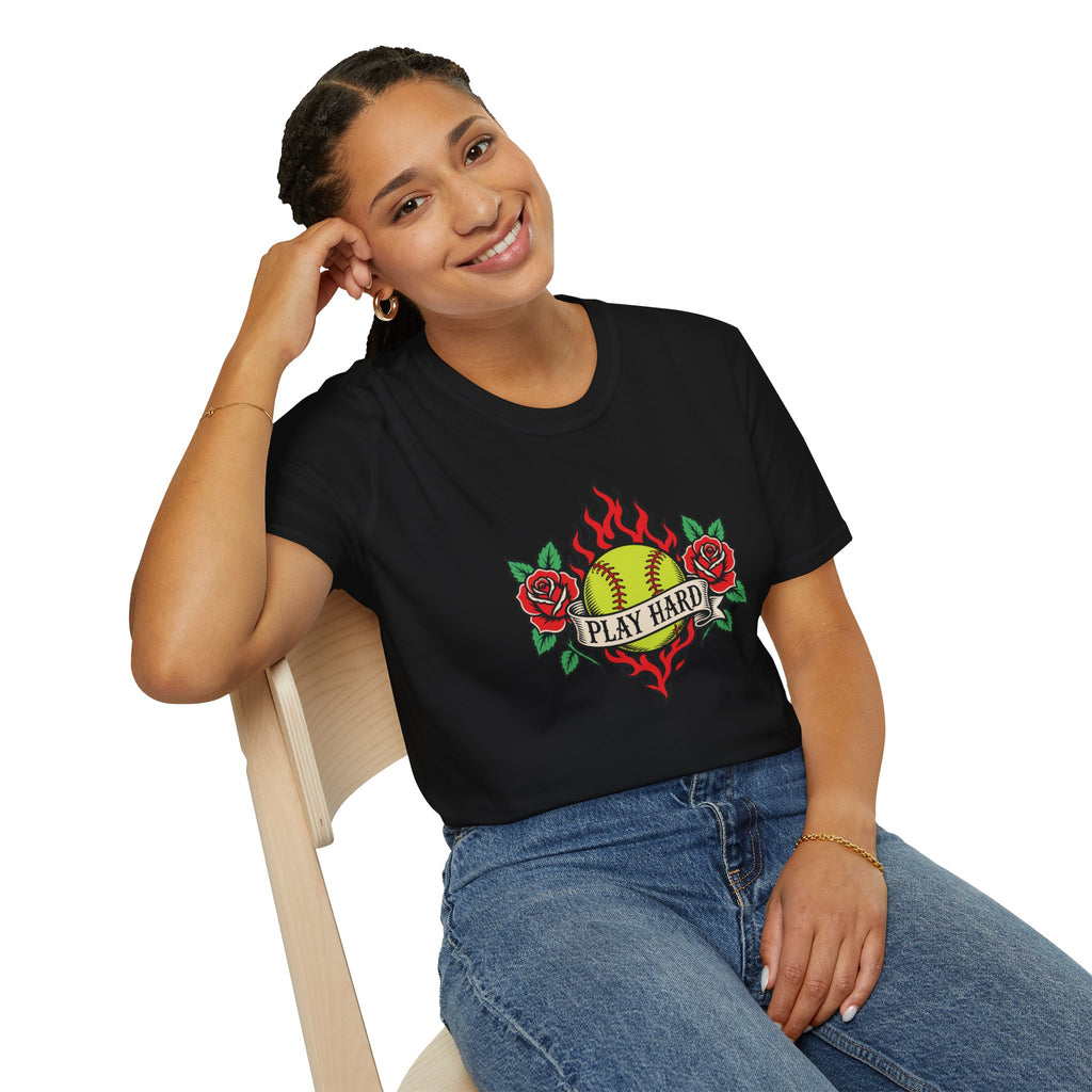 Softball 'Play Hard' Tattoo-Style T-Shirt
