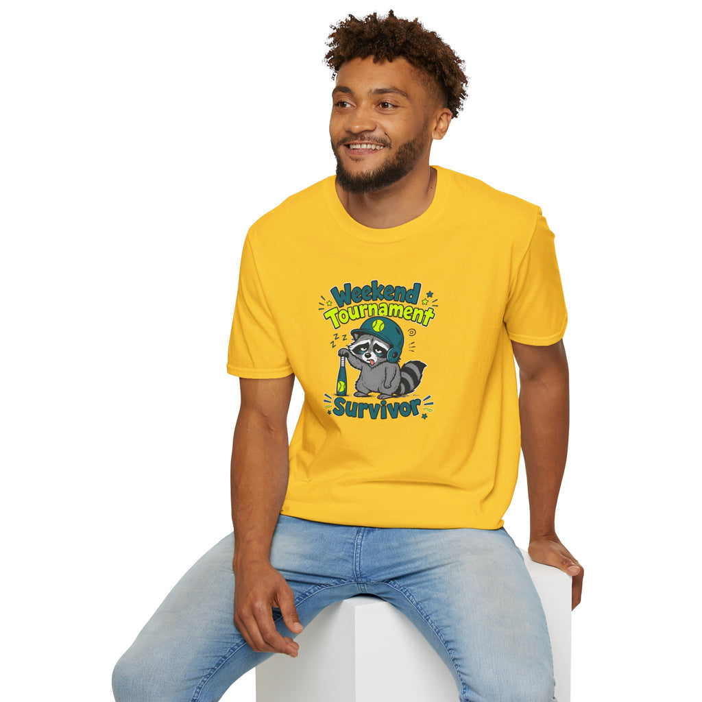 Weekend Tournament Survivor T-Shirt — Funny Raccoon Gaming/Party Tee
