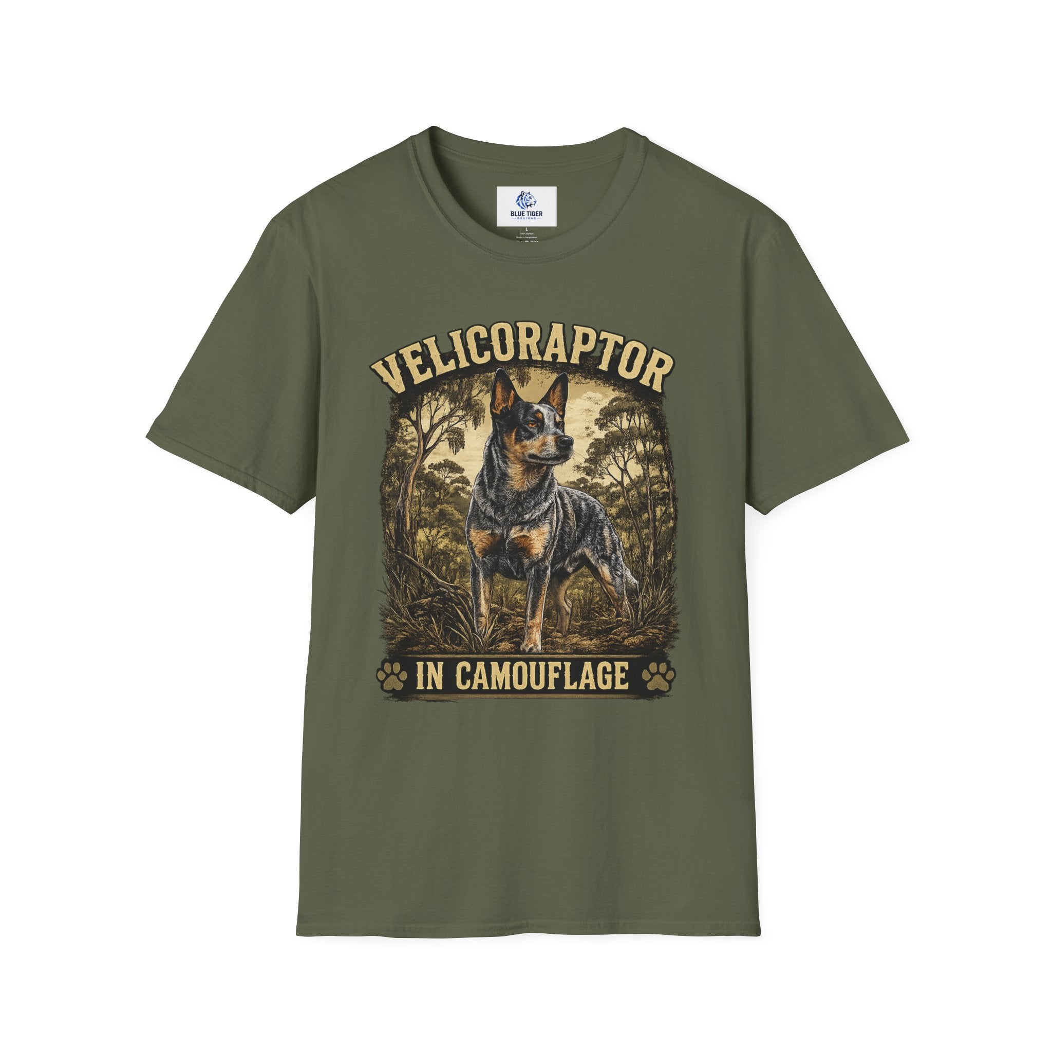 Velicoraptor in Camouflage T-Shirt — Vintage  Blue Heeler Dog Tee