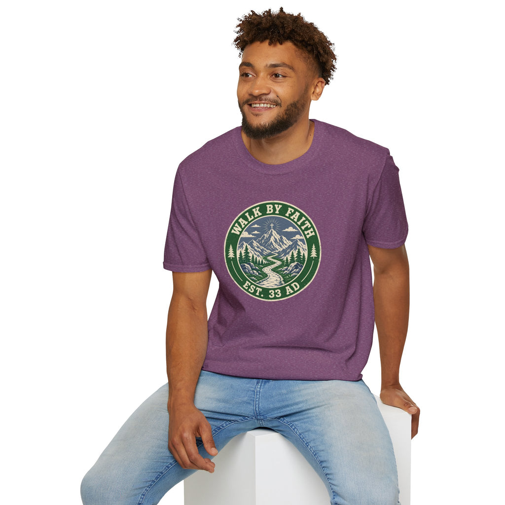 Walk By Faith Mountain T-Shirt — "Walk By Faith Est. 33 AD" Christian Outdoor Tee