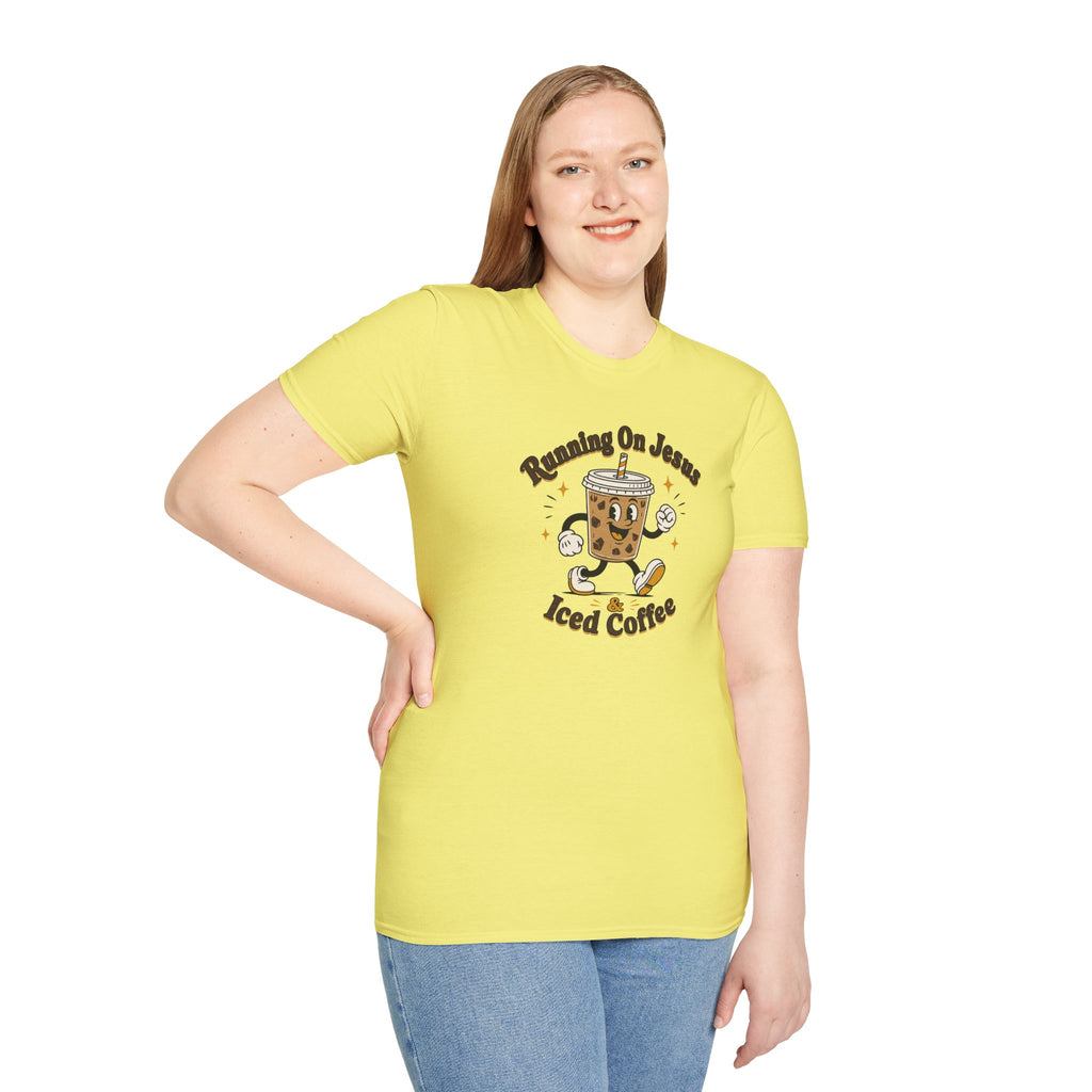 Iced Coffee Faith T-Shirt — "Running On Jesus, Iced Coffee" Cute Cartoon Drink Tee