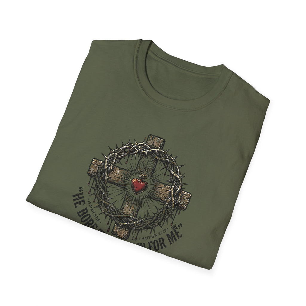 Christian Cross T-Shirt — "He Bore the Crown for Me" Sacred Heart Design