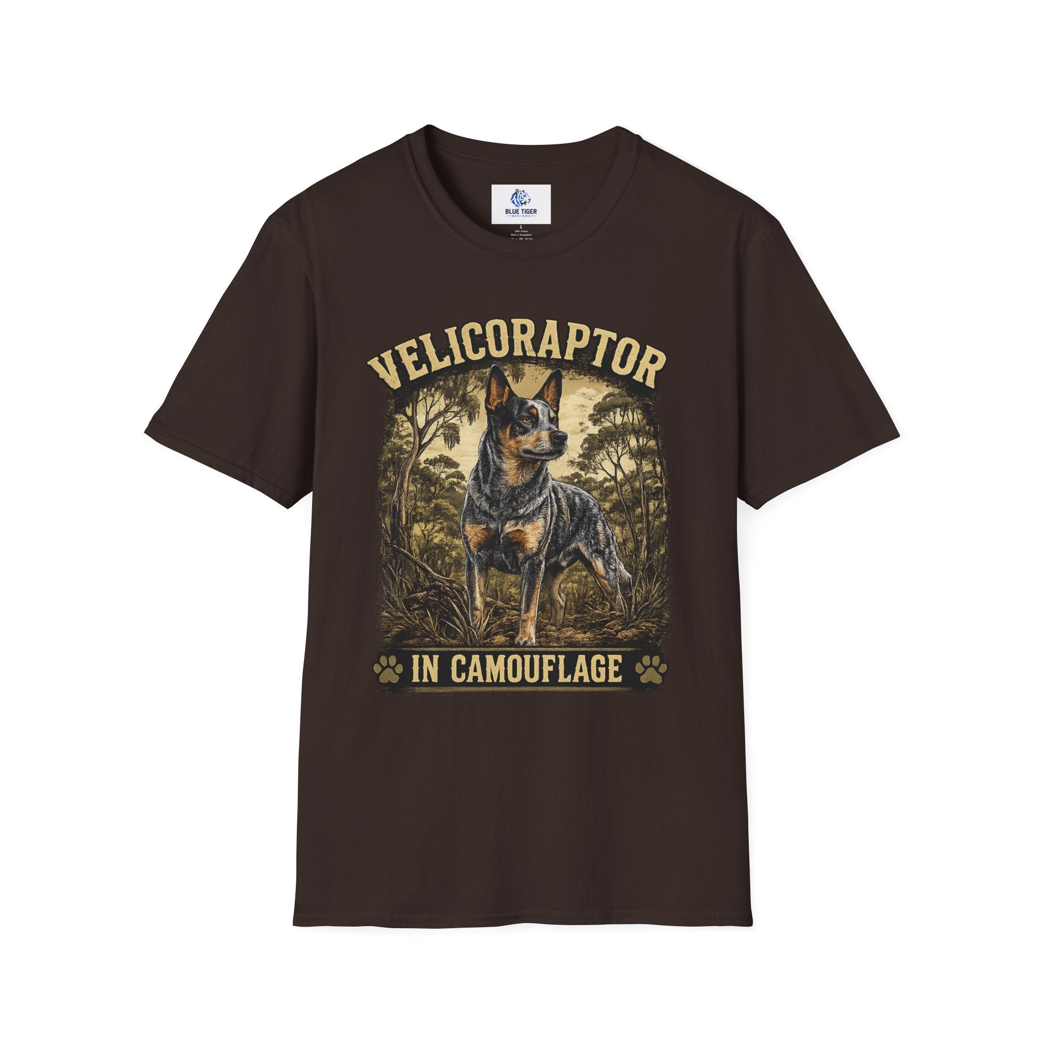 Velicoraptor in Camouflage T-Shirt — Vintage  Blue Heeler Dog Tee