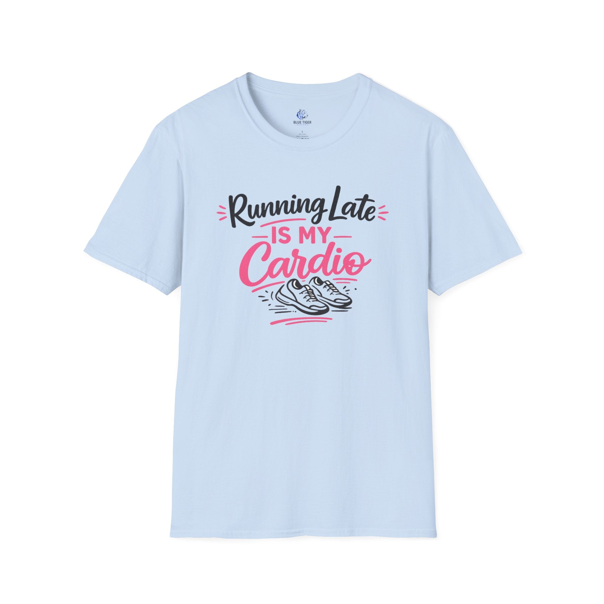 Running Late Is My Cardio T‑Shirt — Funny Fitness Graphic Tee with Sneakers