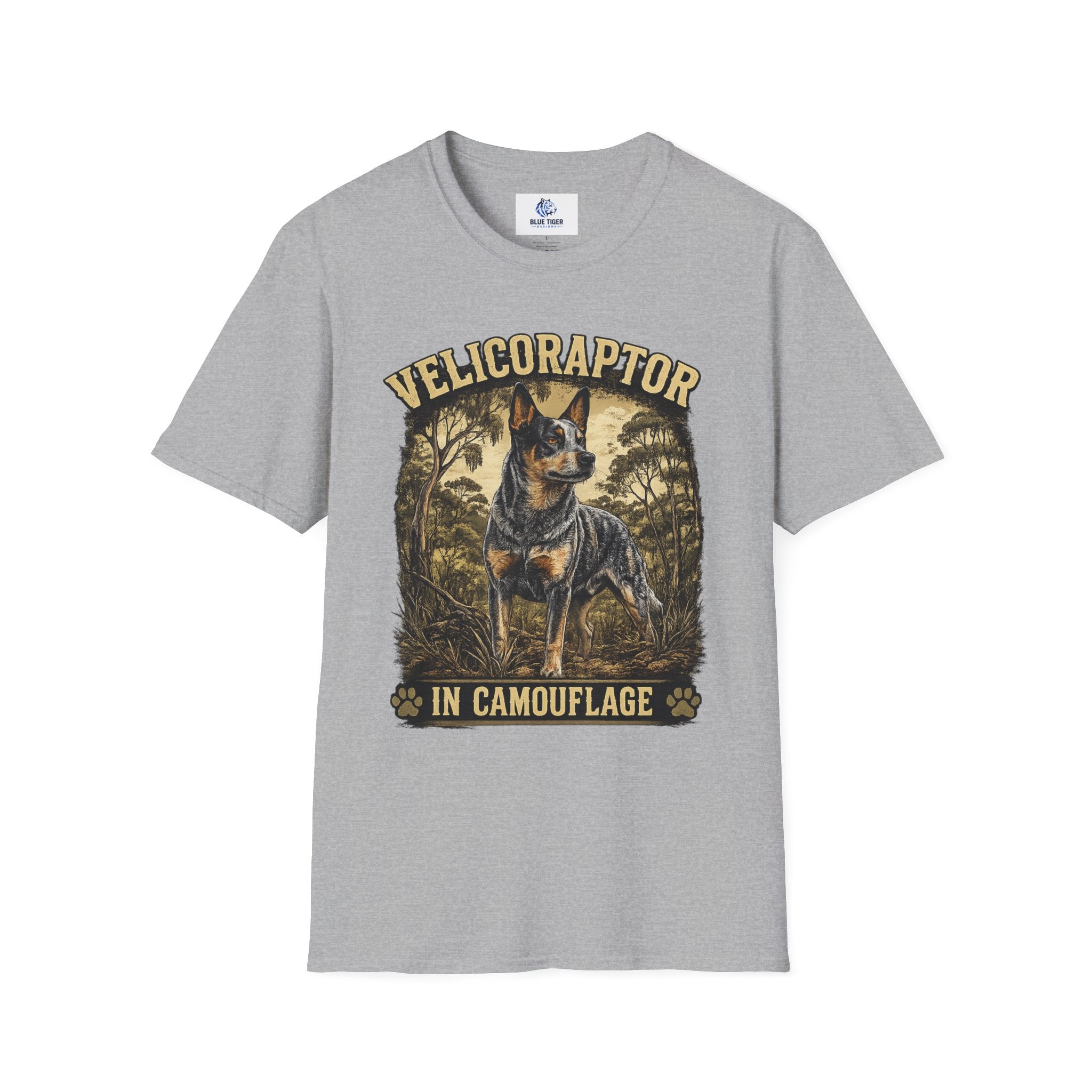 Velicoraptor in Camouflage T-Shirt — Vintage  Blue Heeler Dog Tee