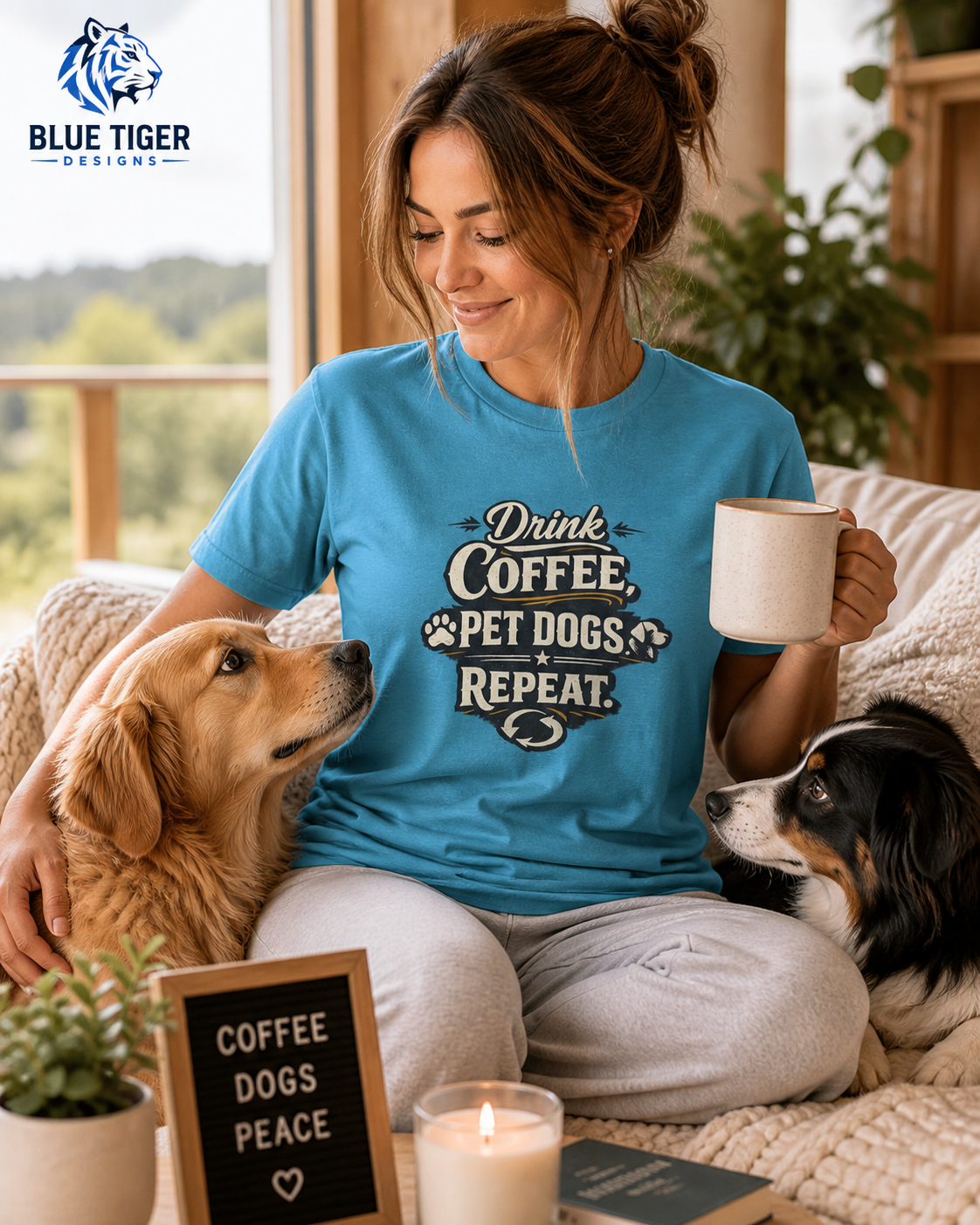 Coffee & Dogs T-Shirt — "Drink Coffee Pet Dogs Repeat" Graphic Tee