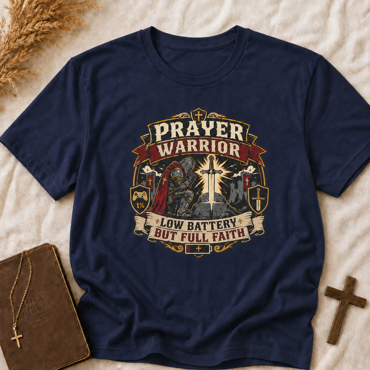 Prayer Warrior T-Shirt – 'Low Battery But Full Faith' Christian Faith Graphic Tee