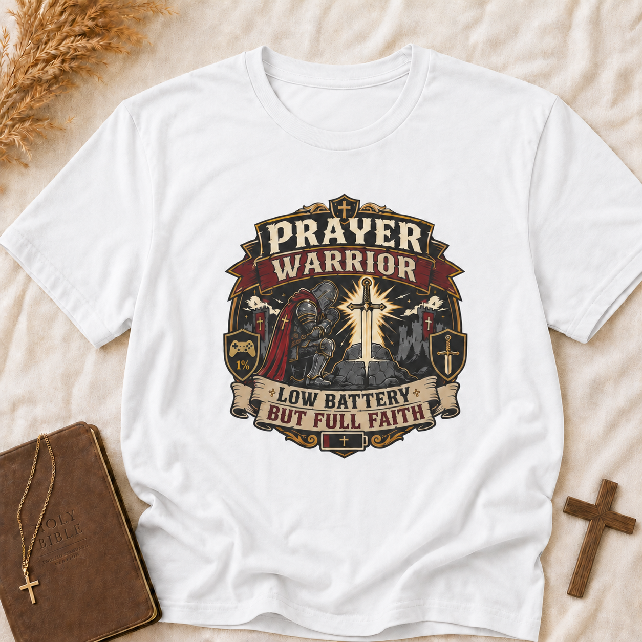 Prayer Warrior T-Shirt – 'Low Battery But Full Faith' Christian Faith Graphic Tee