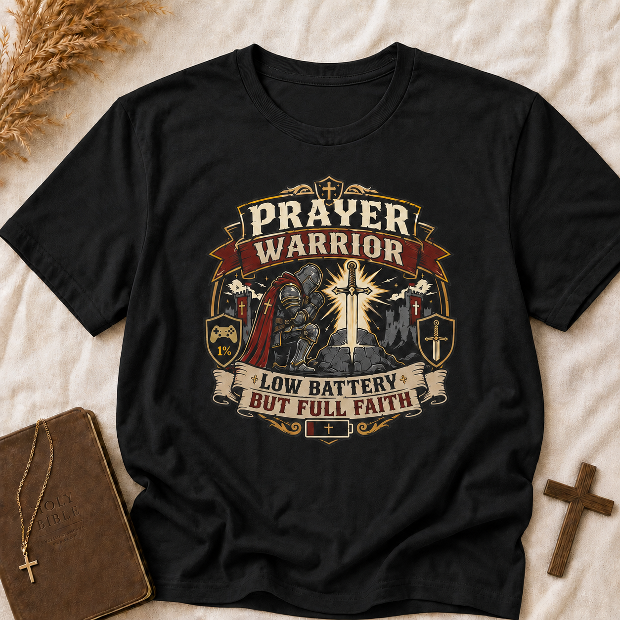 Prayer Warrior T-Shirt – 'Low Battery But Full Faith' Christian Faith Graphic Tee