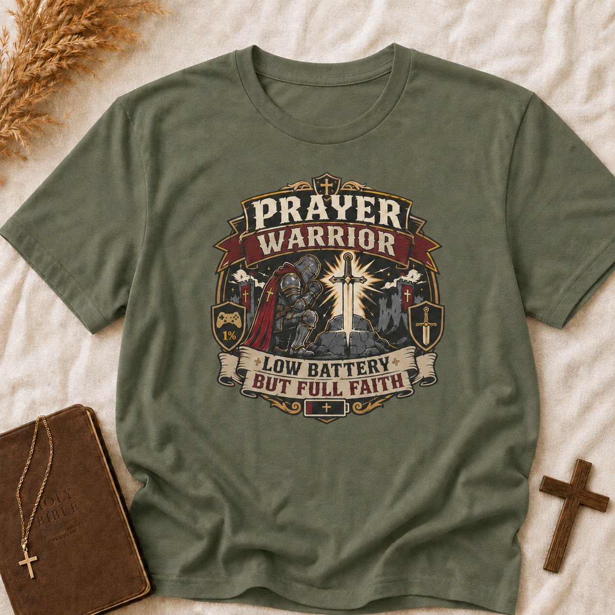 Prayer Warrior T-Shirt – 'Low Battery But Full Faith' Christian Faith Graphic Tee