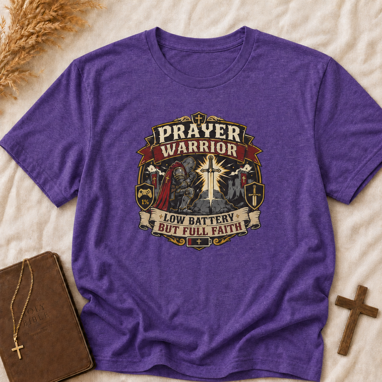 Prayer Warrior T-Shirt – 'Low Battery But Full Faith' Christian Faith Graphic Tee