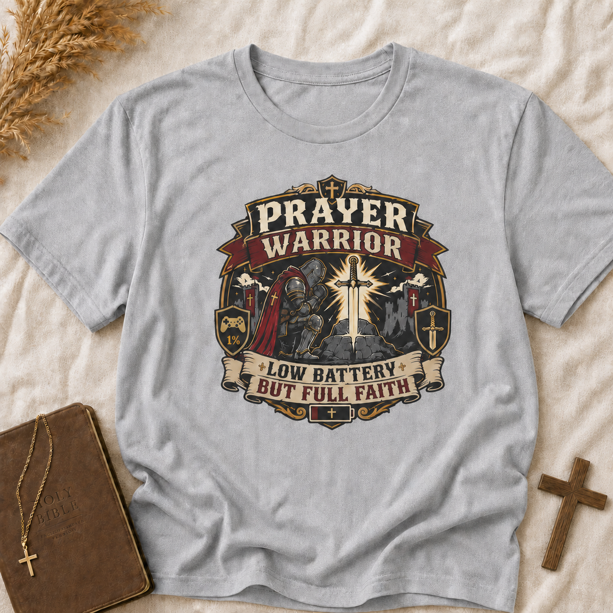 Prayer Warrior T-Shirt – 'Low Battery But Full Faith' Christian Faith Graphic Tee