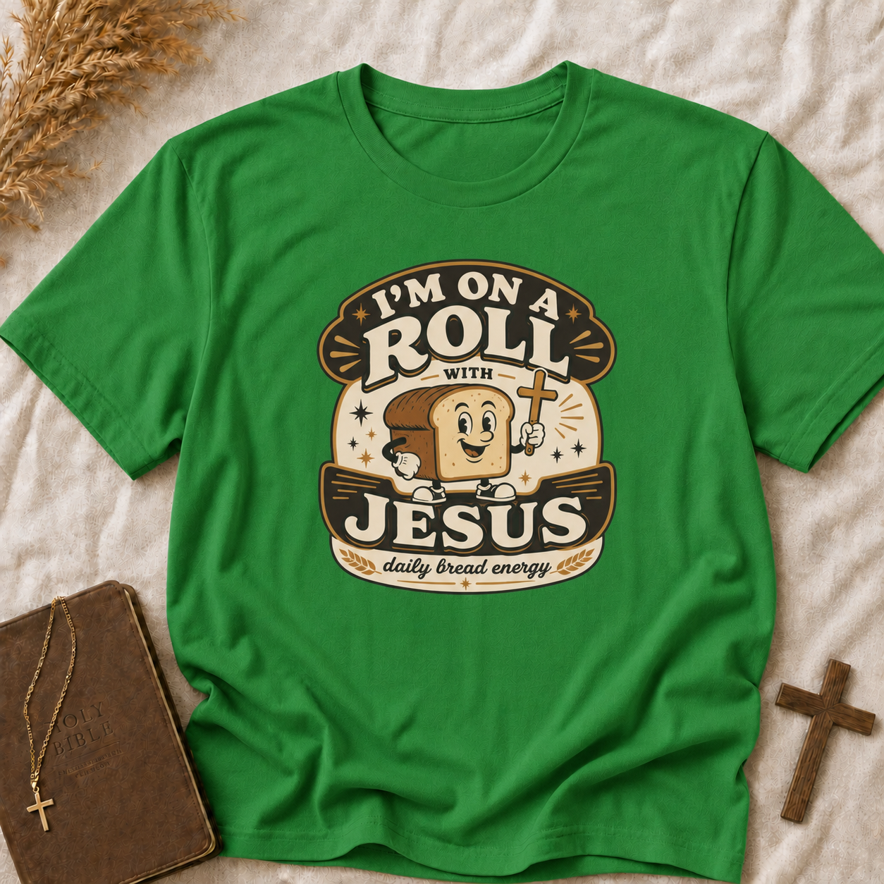 T-Shirt — “I’m On a Roll with Jesus” Graphic Tee (Bread & Cross Vintage Christian Design)