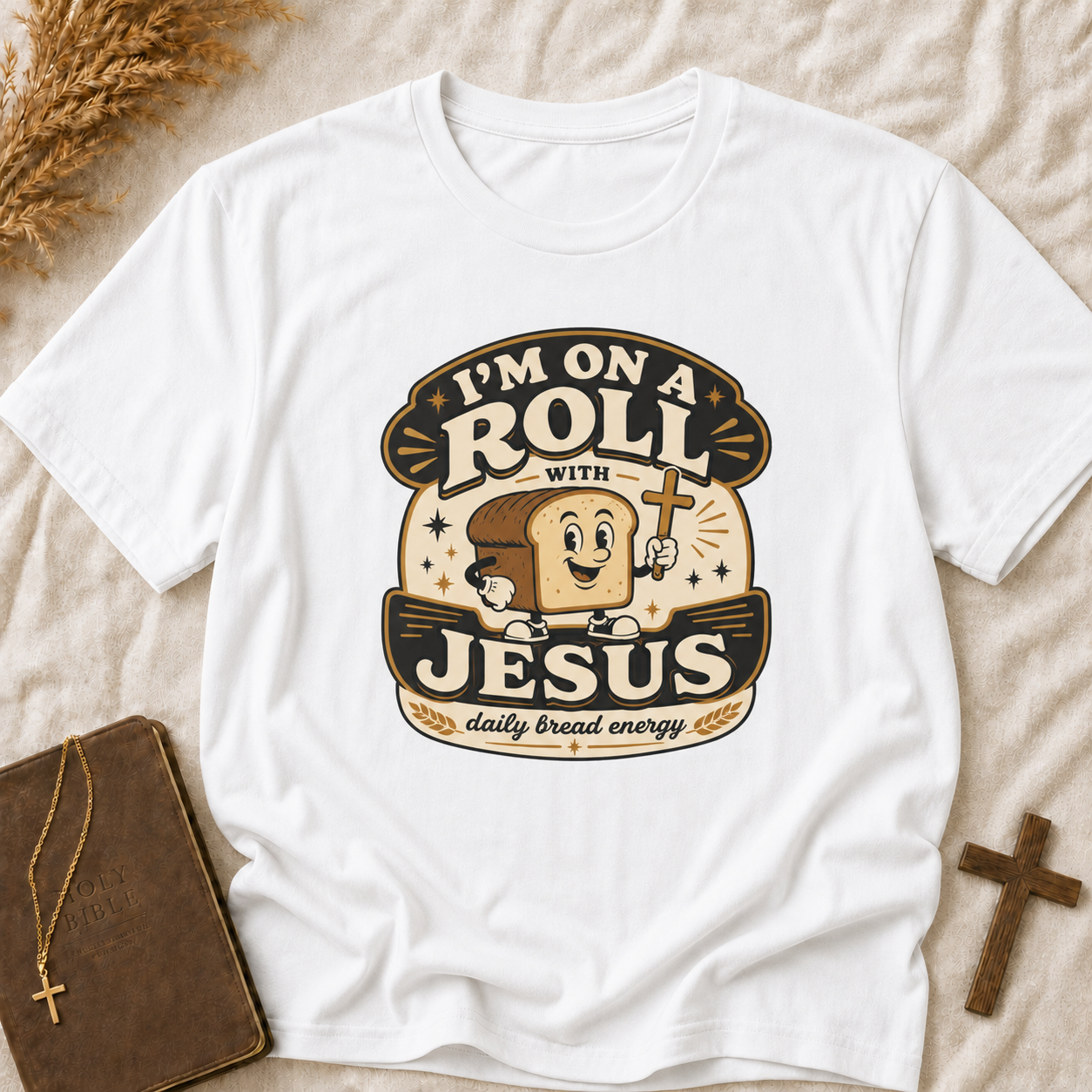 T-Shirt — “I’m On a Roll with Jesus” Graphic Tee (Bread & Cross Vintage Christian Design)