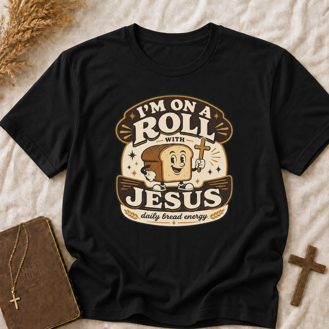 T-Shirt — “I’m On a Roll with Jesus” Graphic Tee (Bread & Cross Vintage Christian Design)