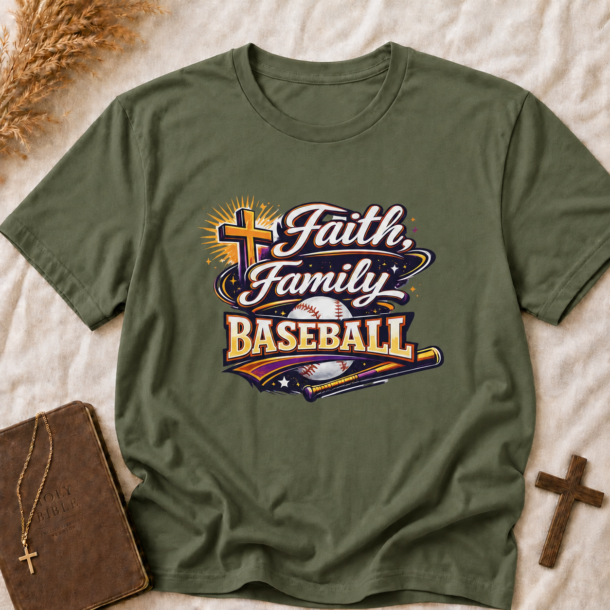 Faith, Family & Baseball T-Shirt — Christian Baseball Tee for Players & Fans