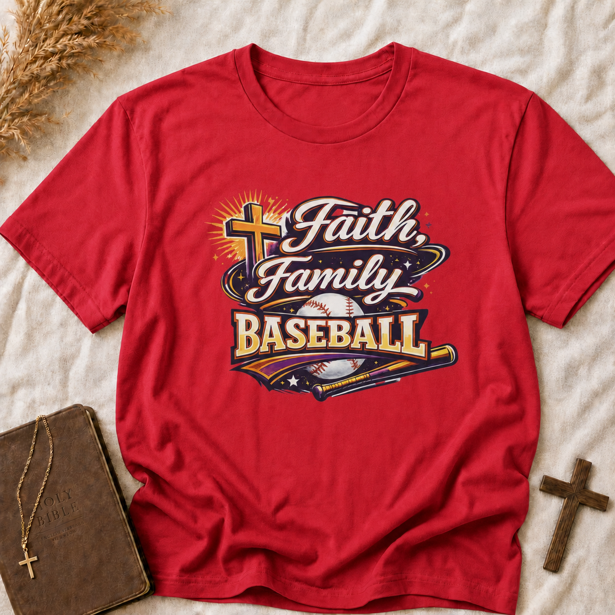 Faith, Family & Baseball T-Shirt — Christian Baseball Tee for Players & Fans