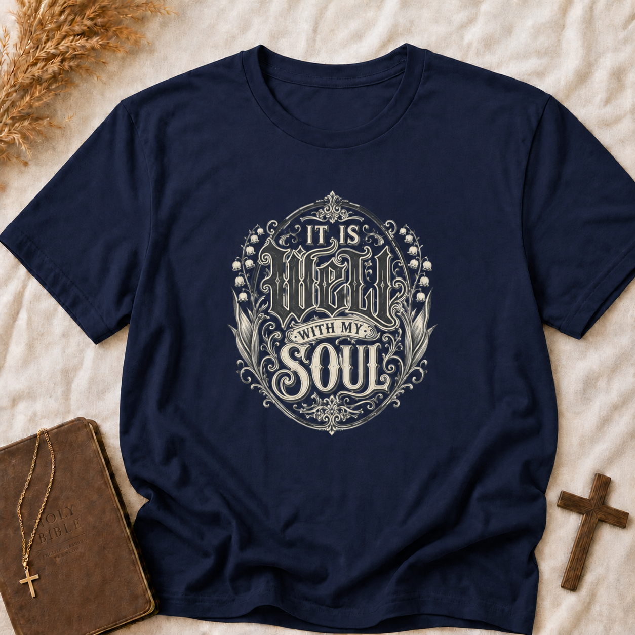 T-Shirt — "It Is Well With My Soul" Floral Inspirational Christian Tee