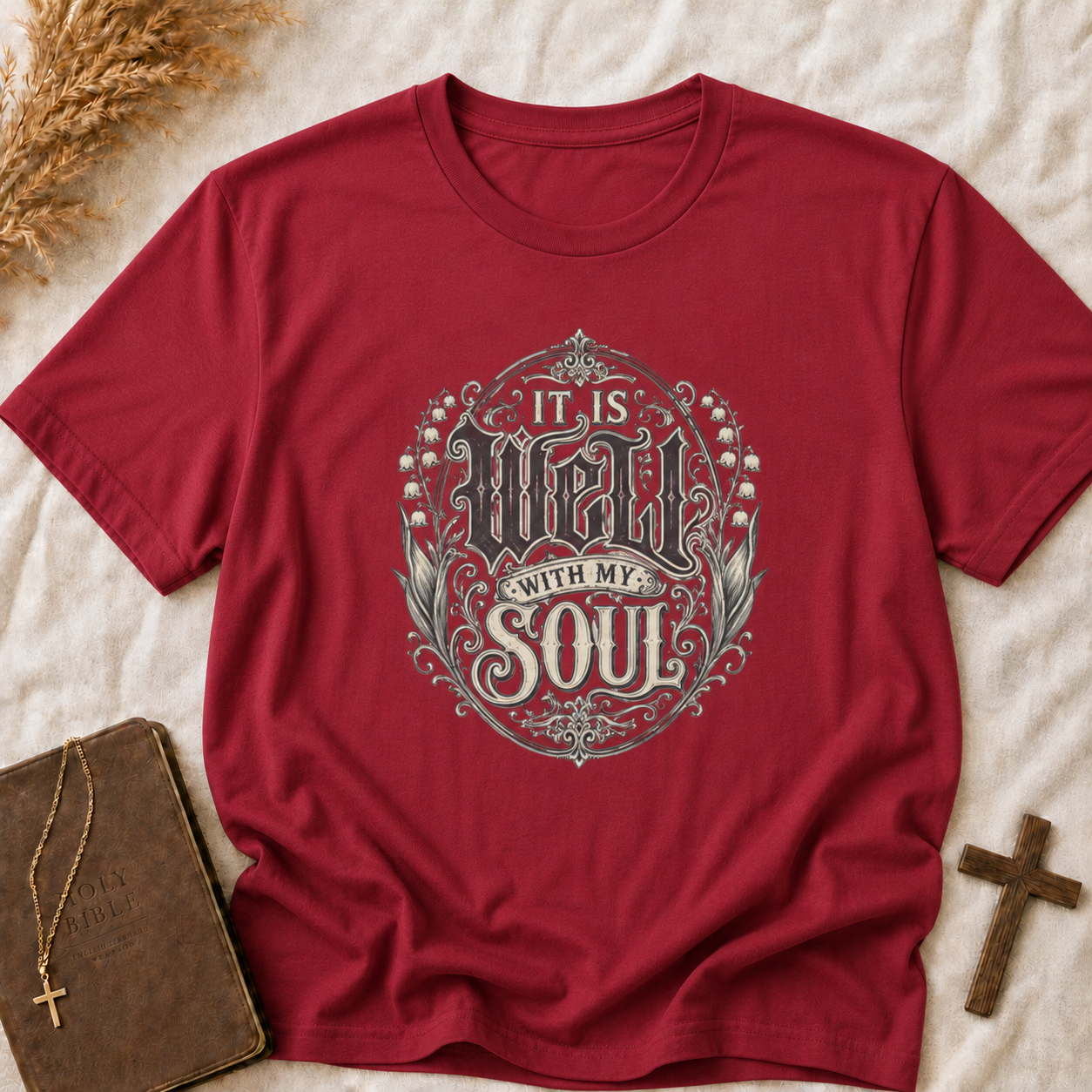 T-Shirt — "It Is Well With My Soul" Floral Inspirational Christian Tee