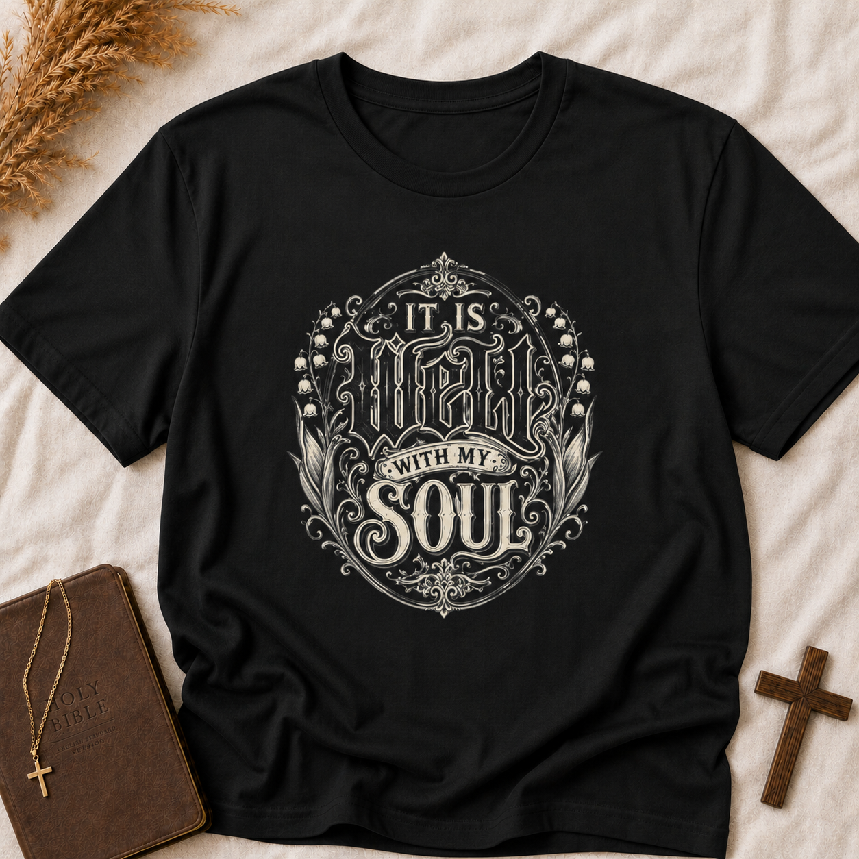 T-Shirt — "It Is Well With My Soul" Floral Inspirational Christian Tee
