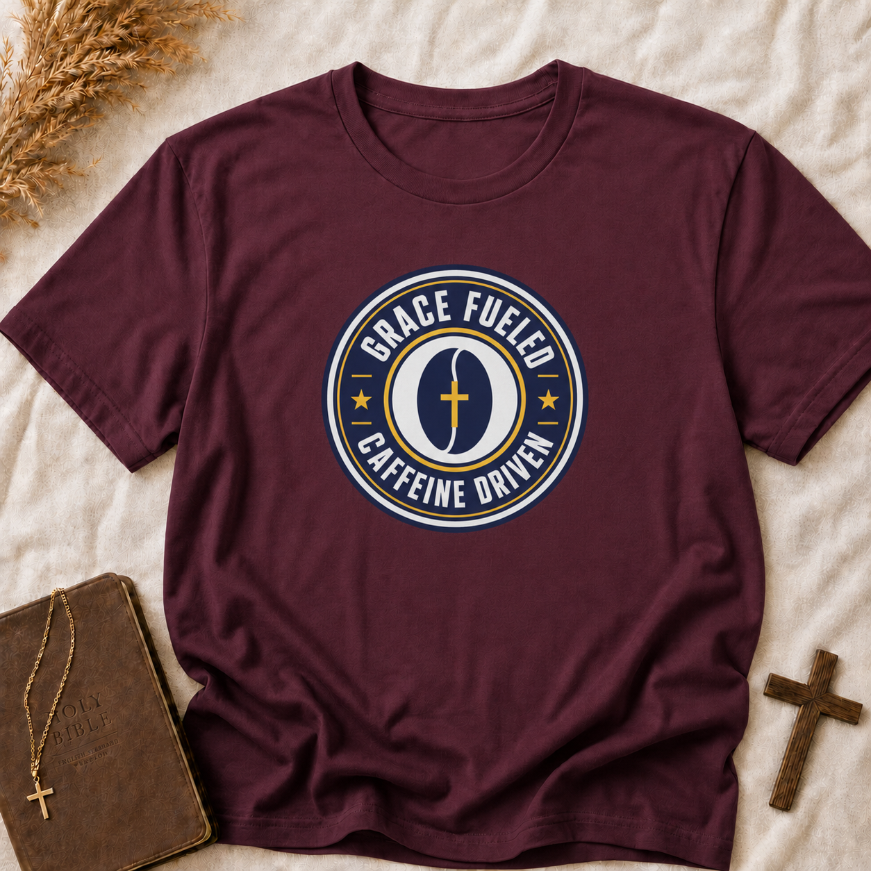 Grace Fueled Caffeine Driven T-Shirt — Christian Coffee Lover Tee