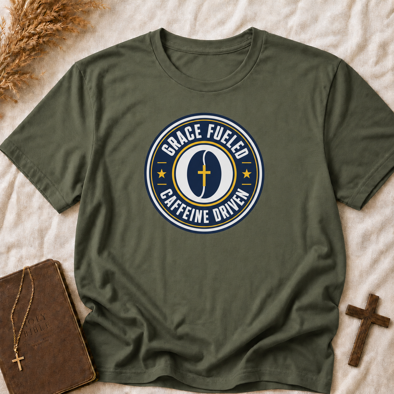 Grace Fueled Caffeine Driven T-Shirt — Christian Coffee Lover Tee