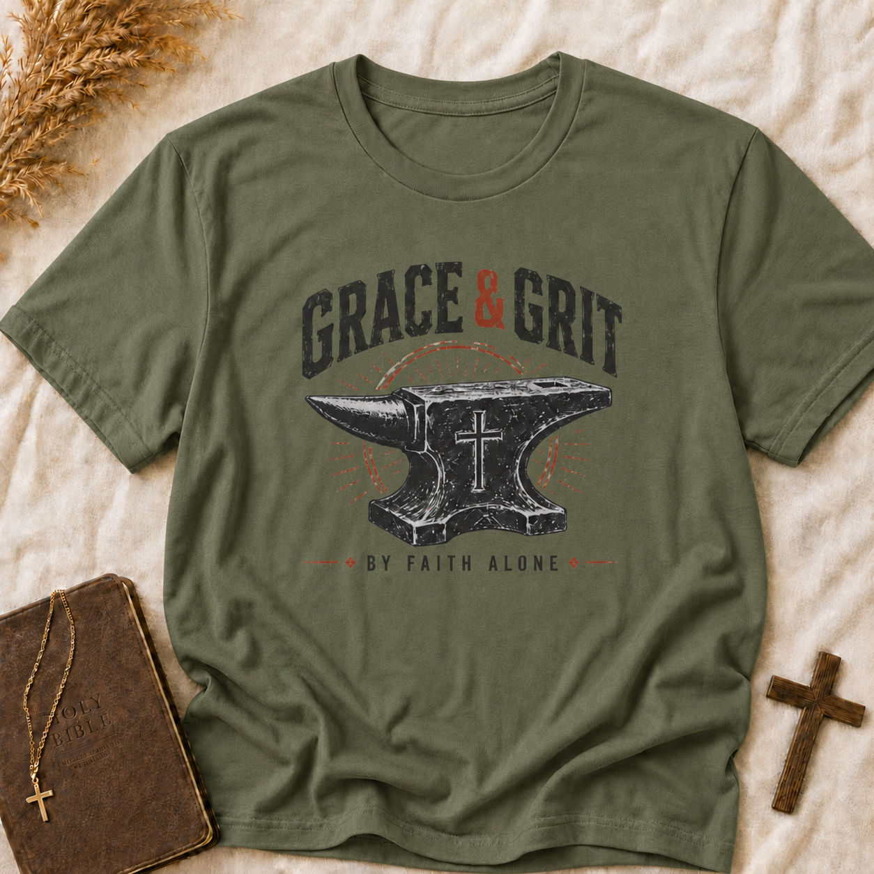 Grace & Grit Anvil T‑Shirt — Christian Faith & Strength Inspirational Tee