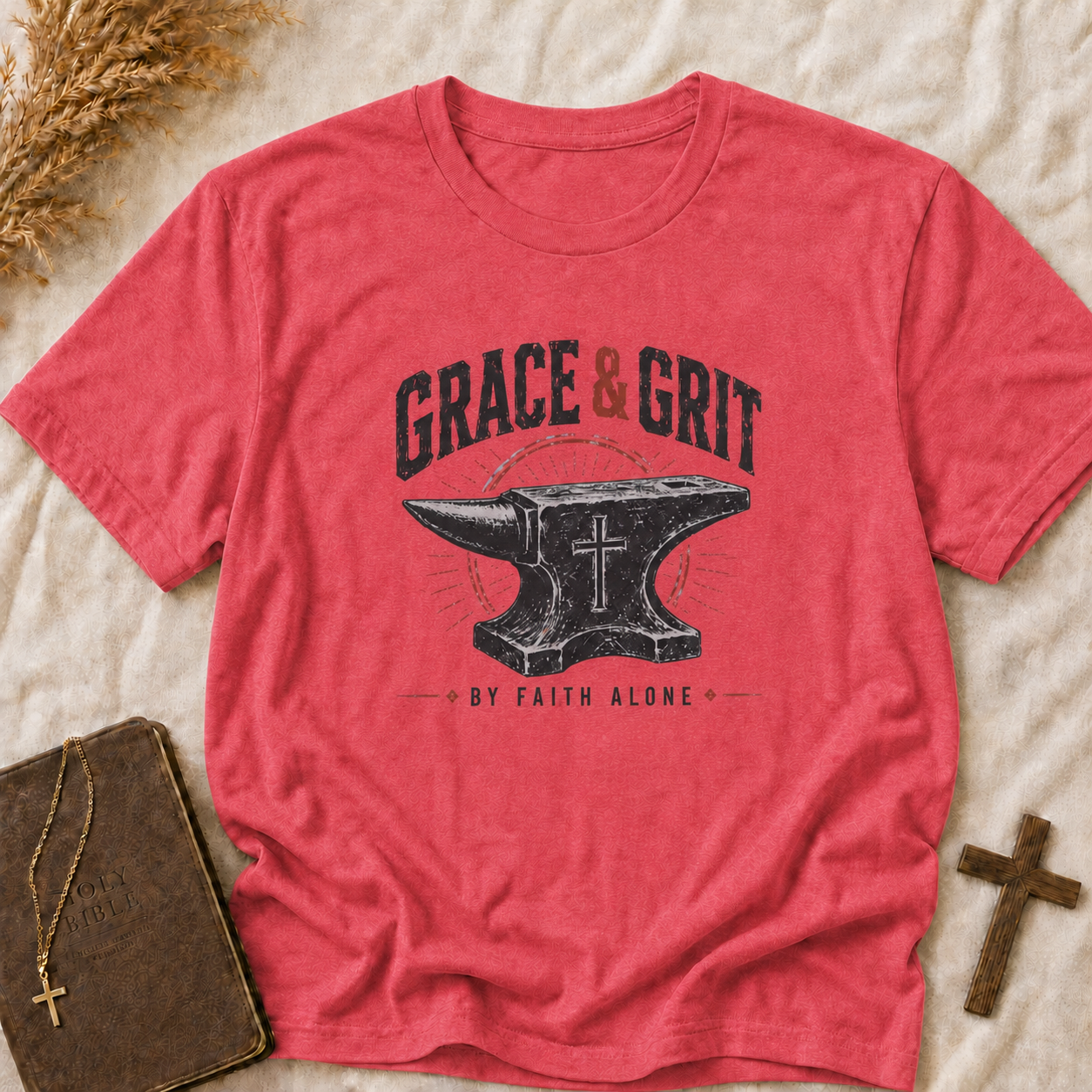Grace & Grit Anvil T‑Shirt — Christian Faith & Strength Inspirational Tee