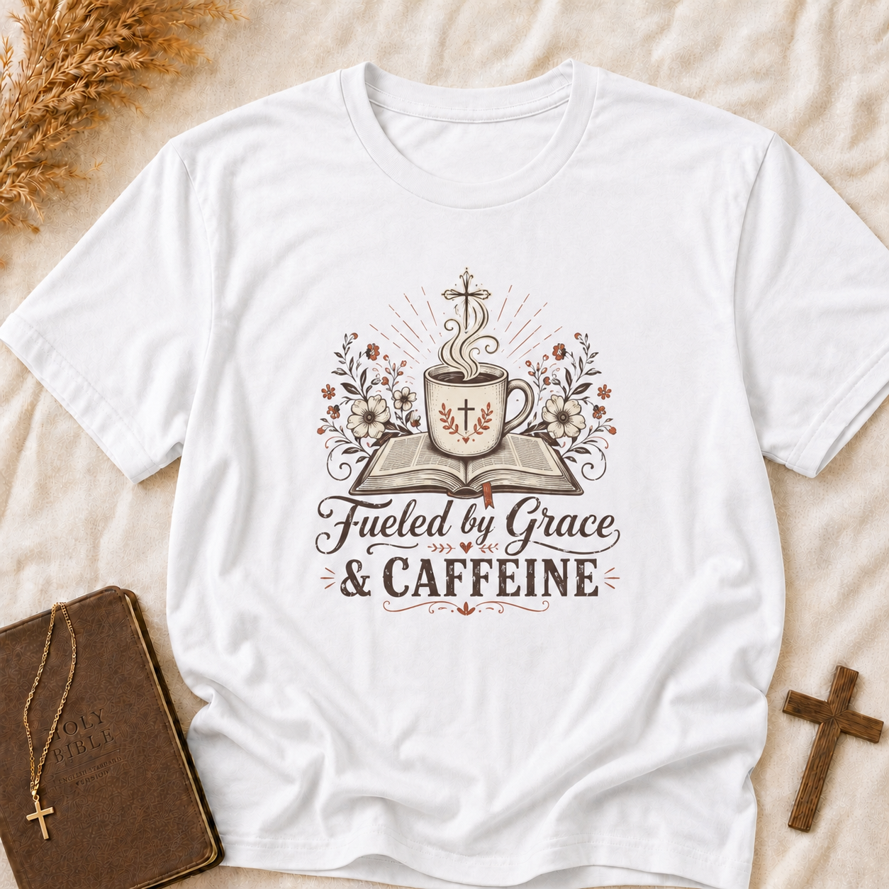 Christian Coffee T-Shirt — "Fueled by Grace & Caffeine" Inspirational Tee