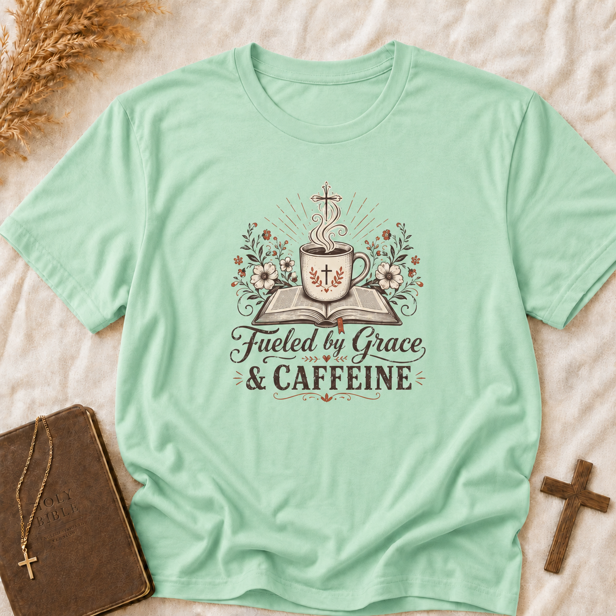 Christian Coffee T-Shirt — "Fueled by Grace & Caffeine" Inspirational Tee