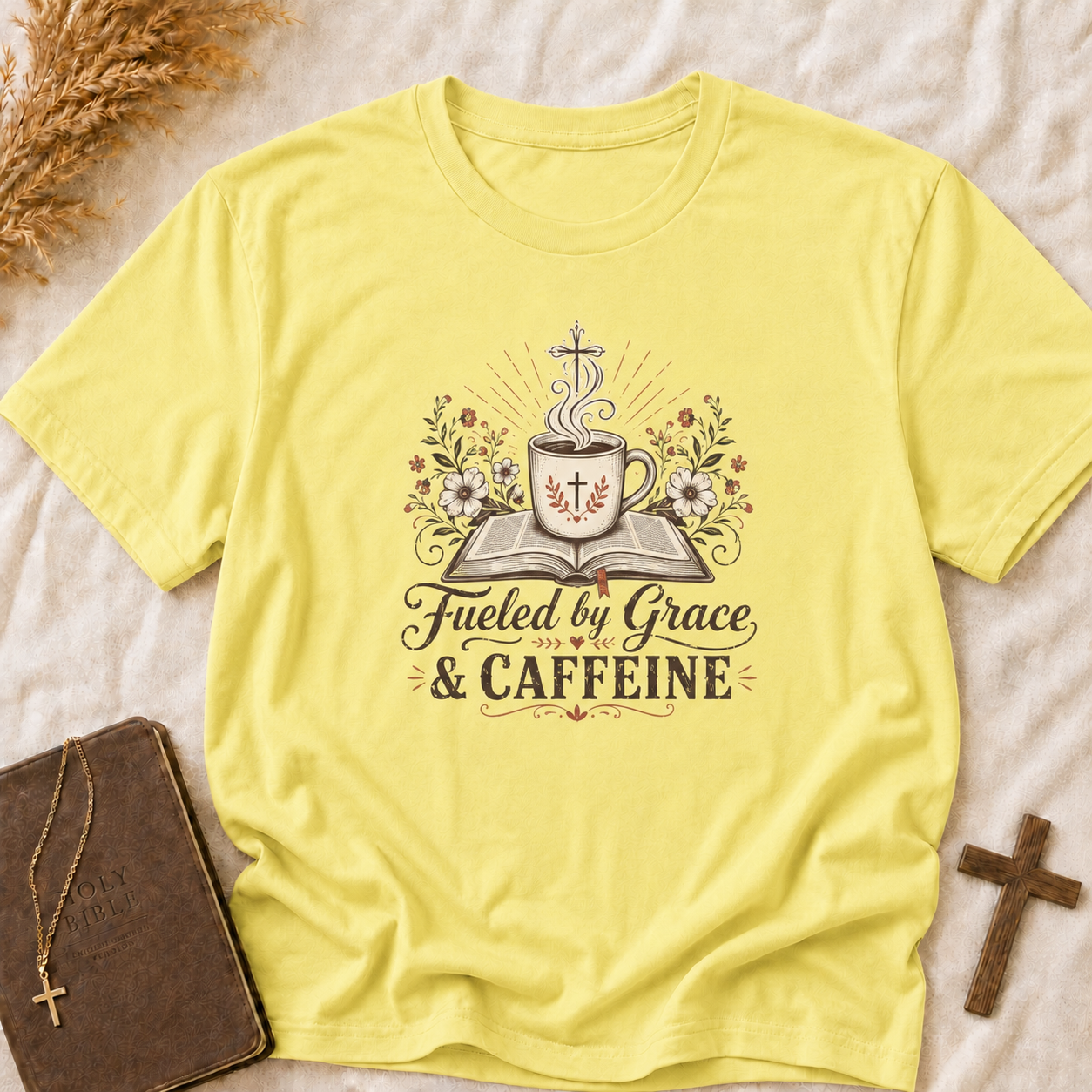 Christian Coffee T-Shirt — "Fueled by Grace & Caffeine" Inspirational Tee
