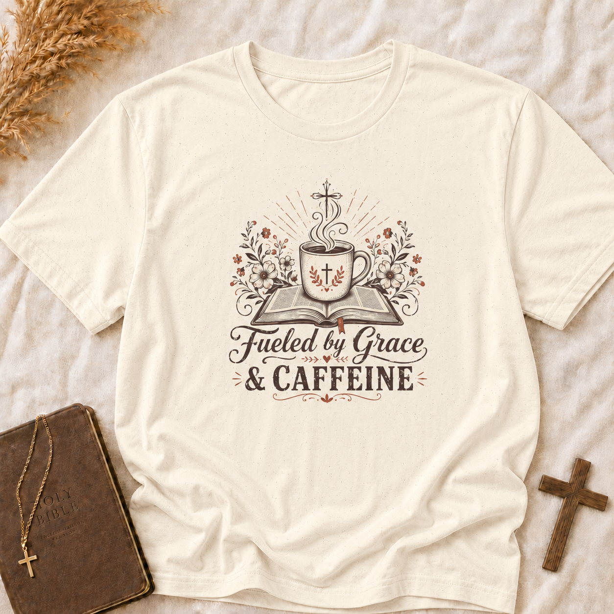 Christian Coffee T-Shirt — "Fueled by Grace & Caffeine" Inspirational Tee