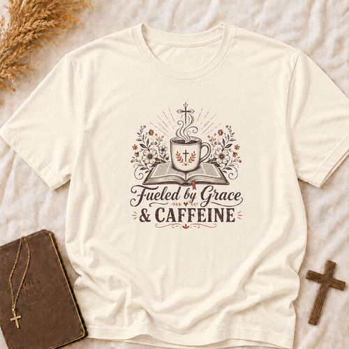 Christian Coffee T-Shirt — "Fueled by Grace & Caffeine" Inspirational Tee