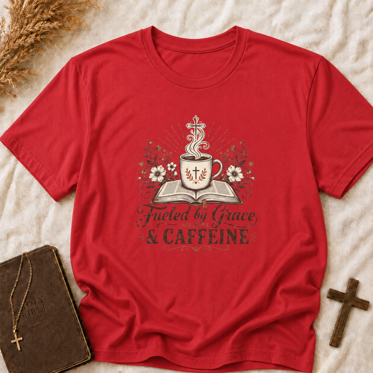 Christian Coffee T-Shirt — "Fueled by Grace & Caffeine" Inspirational Tee