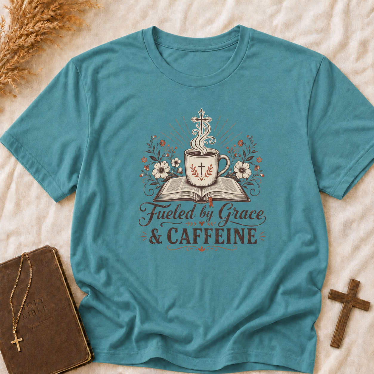Christian Coffee T-Shirt — "Fueled by Grace & Caffeine" Inspirational Tee