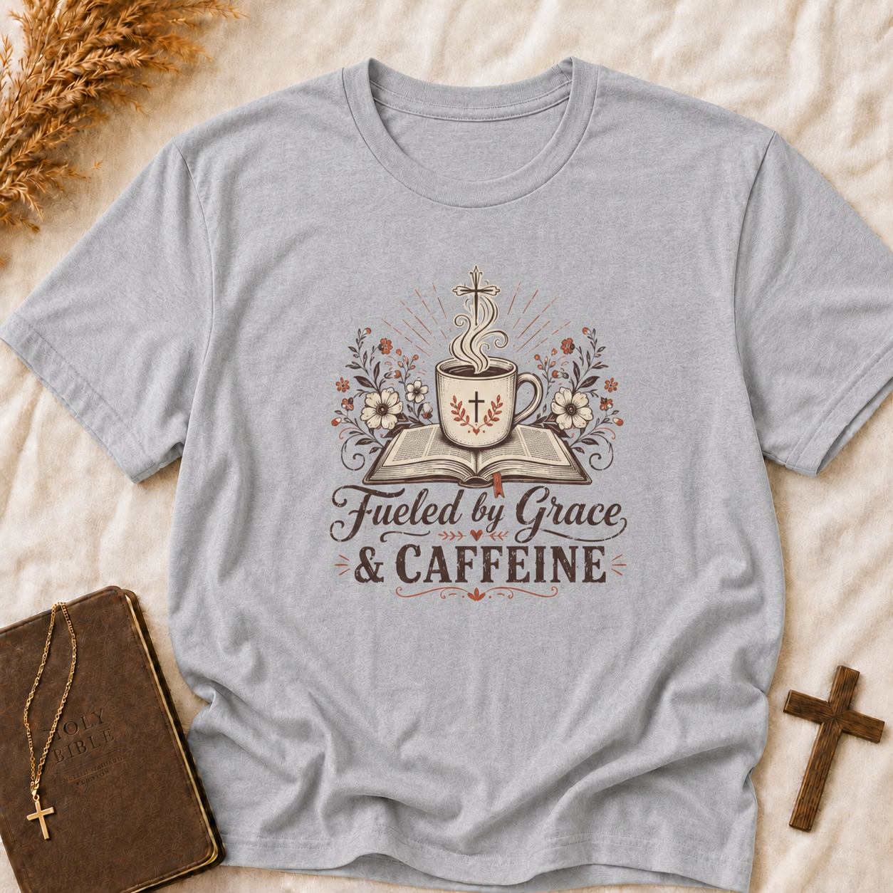 Christian Coffee T-Shirt — "Fueled by Grace & Caffeine" Inspirational Tee