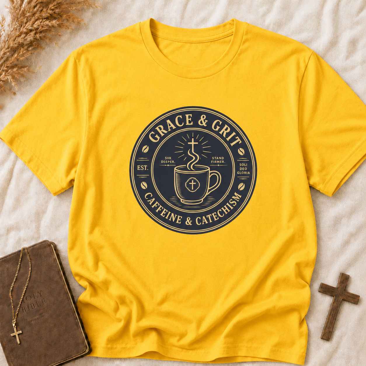Grace & Grit Coffee T‑Shirt — "Grace & Grit: Caffeine & Catechism" Faith Graphic Tee