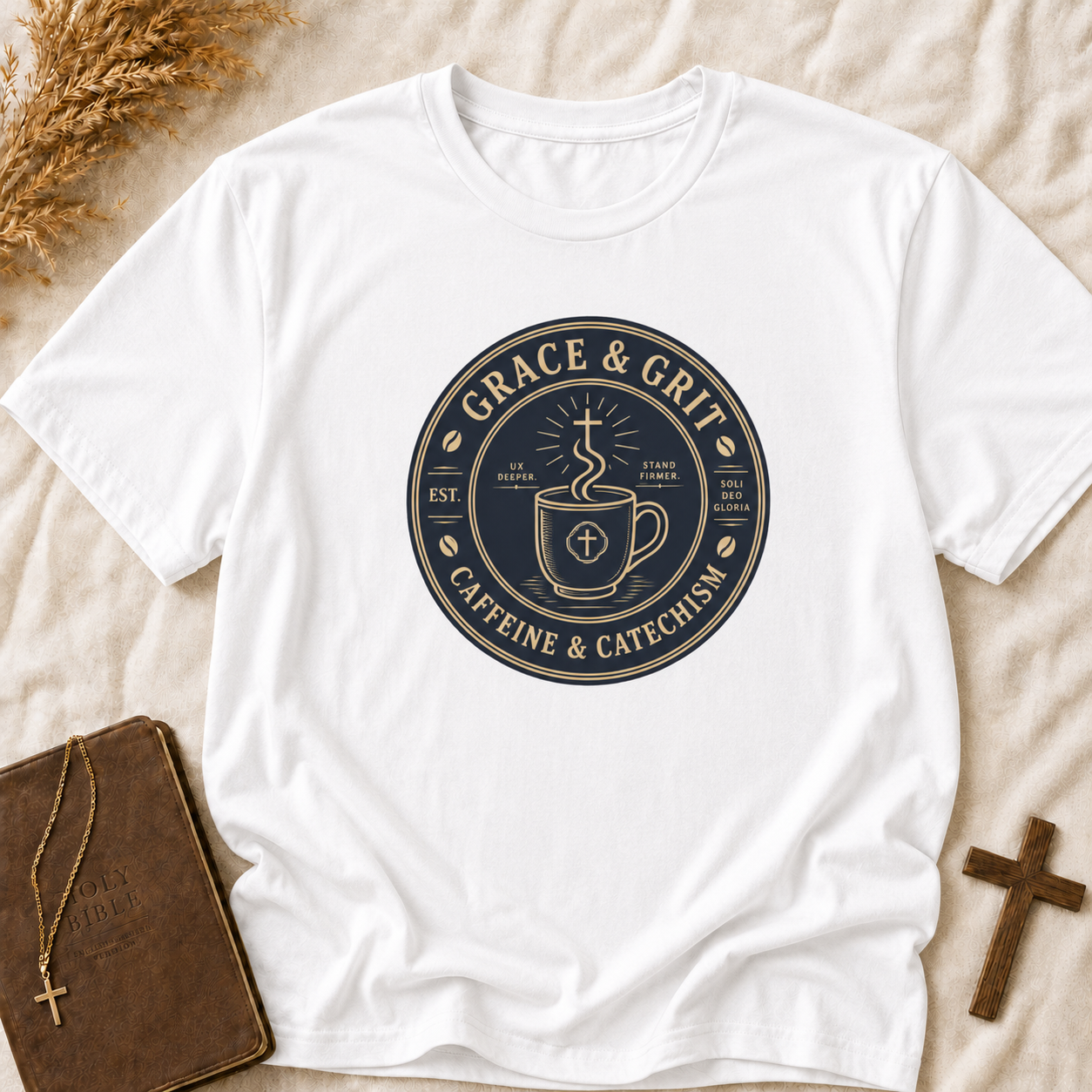Grace & Grit Coffee T‑Shirt — "Grace & Grit: Caffeine & Catechism" Faith Graphic Tee