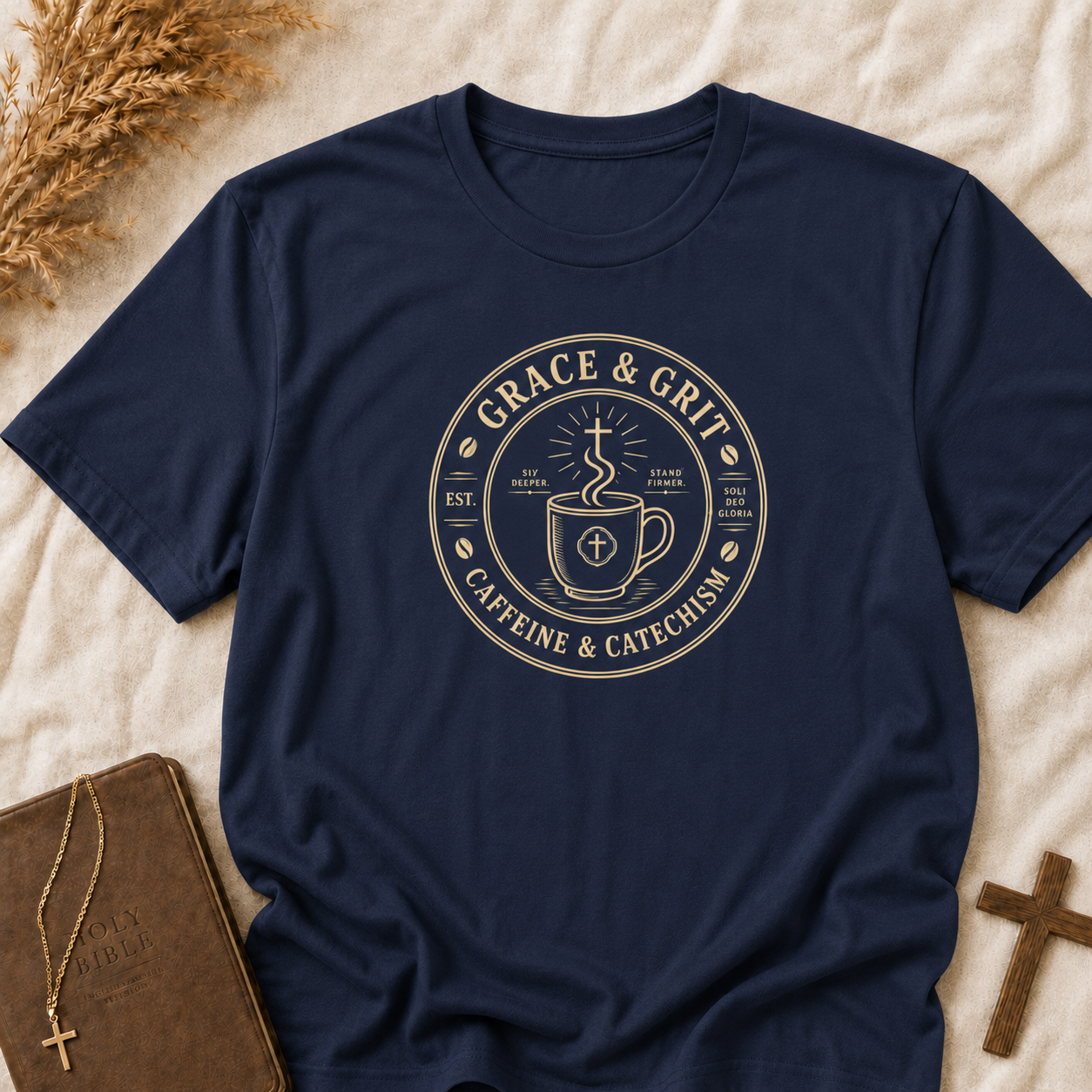 Grace & Grit Coffee T‑Shirt — "Grace & Grit: Caffeine & Catechism" Faith Graphic Tee