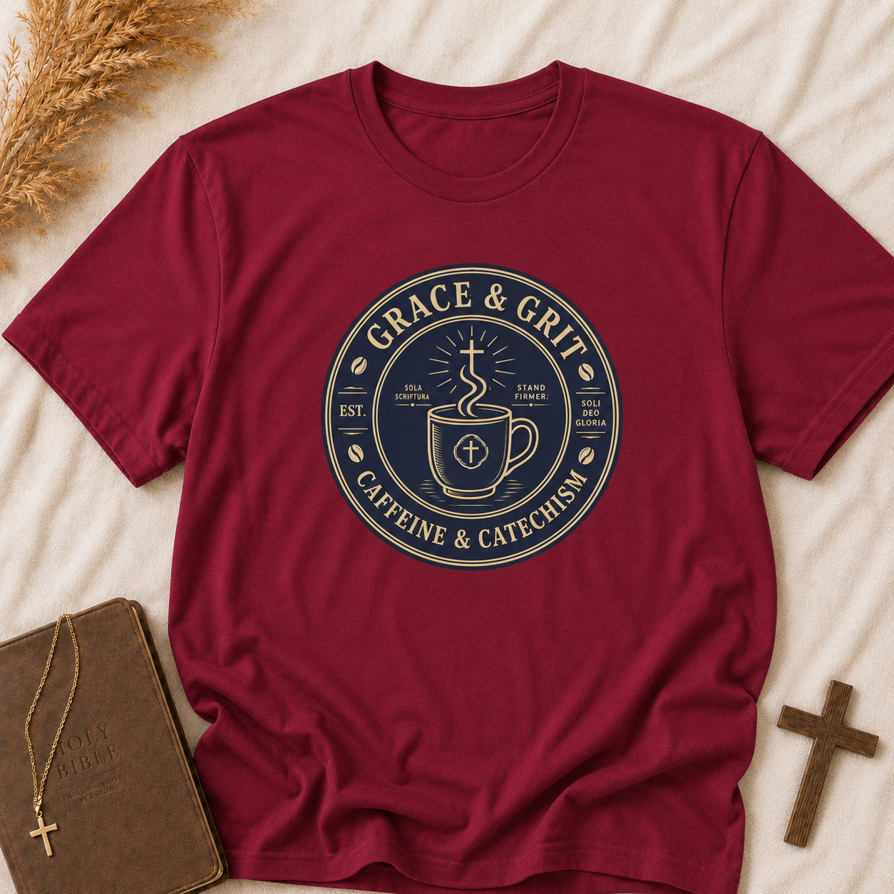Grace & Grit Coffee T‑Shirt — "Grace & Grit: Caffeine & Catechism" Faith Graphic Tee